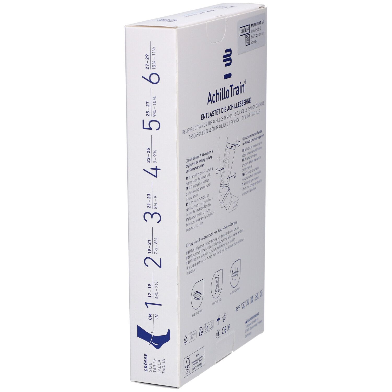 Bauerfeind AchilloTrain® Verpackung, Seitenansicht mit Größenangaben.