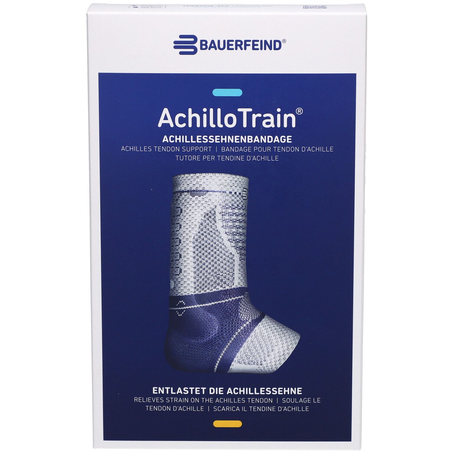 Bauerfeind AchilloTrain® Bandage in Verpackung. Produktabbildung auf blauem Hintergrund.