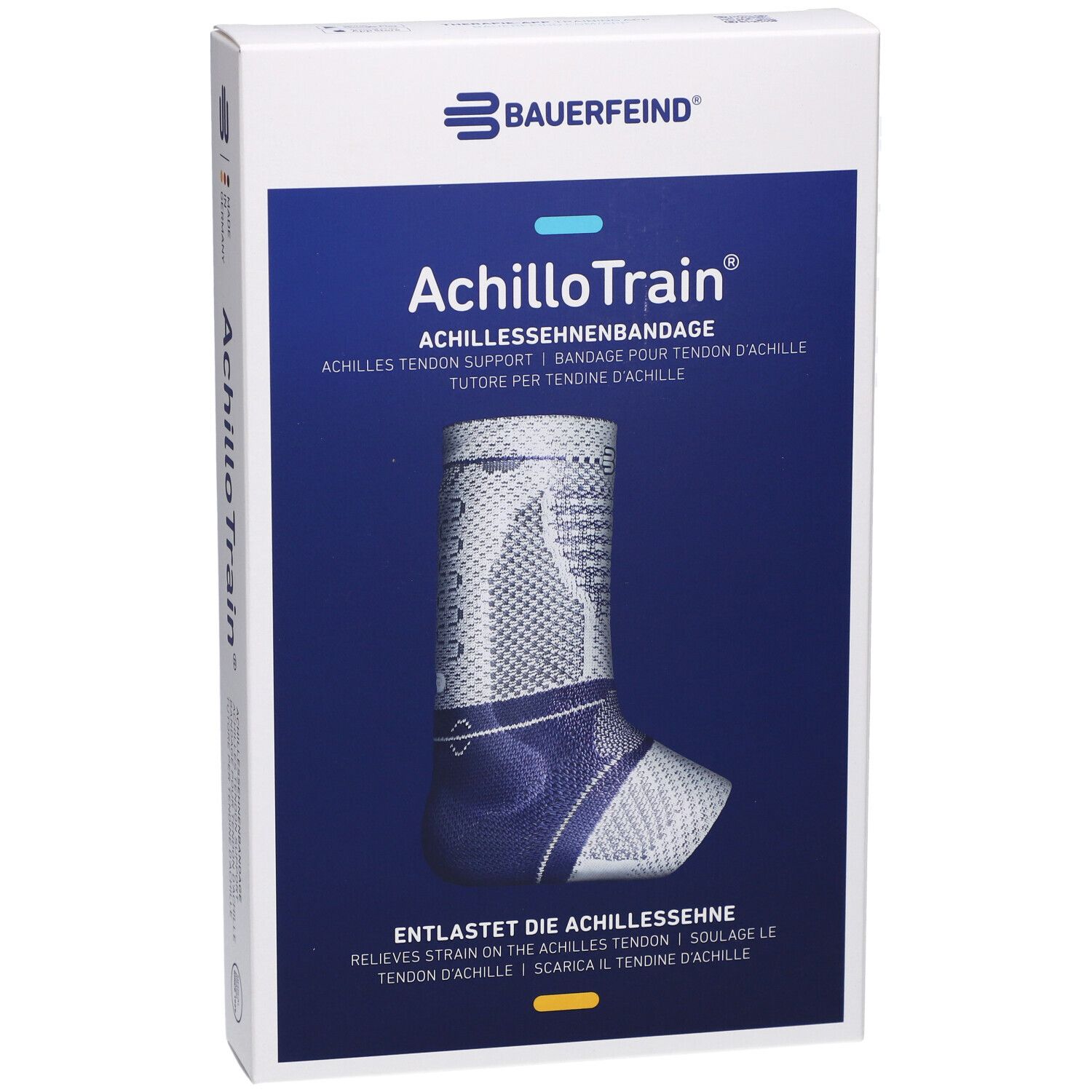Bauerfeind AchilloTrain® Bandage in Verpackung. Produktabbildung auf blauem Hintergrund.