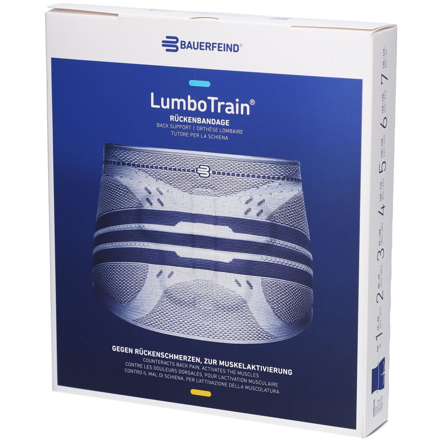 Verpackung der LumboTrain Rückenbandage. Produktabbildung auf blauem Hintergrund. Text: BAUERFEIND, LumboTrain, Rückenbandage.