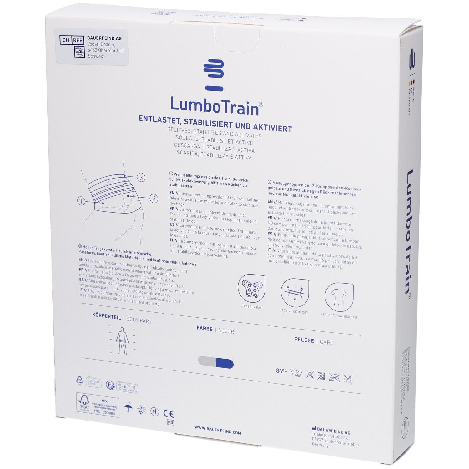 Rückseite der LumboTrain Verpackung. Text: LumboTrain, Entlastet, stabilisiert und aktiviert. Illustrationen zur Anwendung.