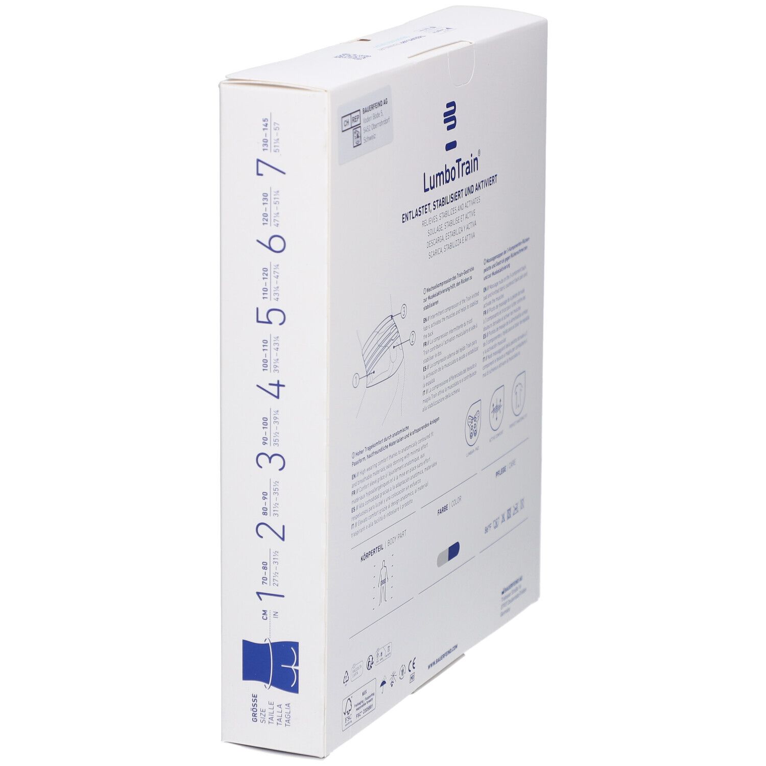 Seitenansicht der LumboTrain Verpackung. Größenangaben und Informationen. Text: LumboTrain, Entlastet, stabilisiert und aktiviert.