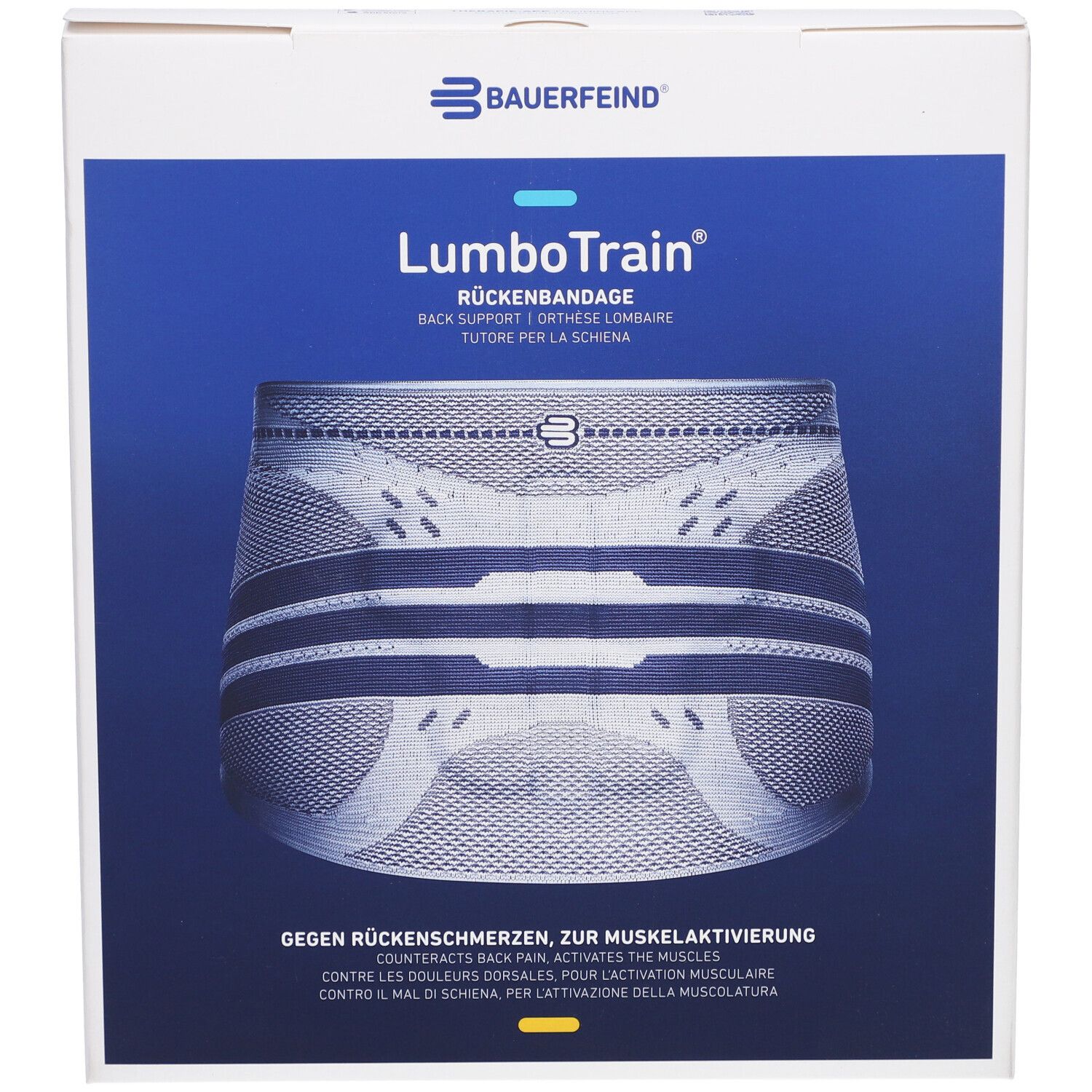 Verpackung der LumboTrain Rückenbandage. Produktabbildung auf blauem Hintergrund. Text: BAUERFEIND, LumboTrain, Rückenbandage.