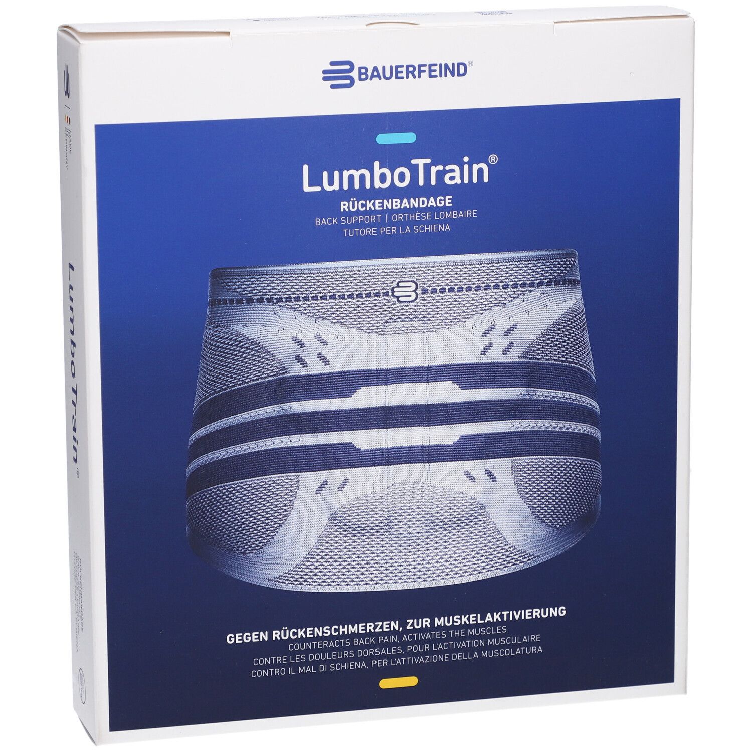 Verpackung der LumboTrain Rückenbandage. Produktabbildung auf blauem Hintergrund. Text: BAUERFEIND, LumboTrain, Rückenbandage.