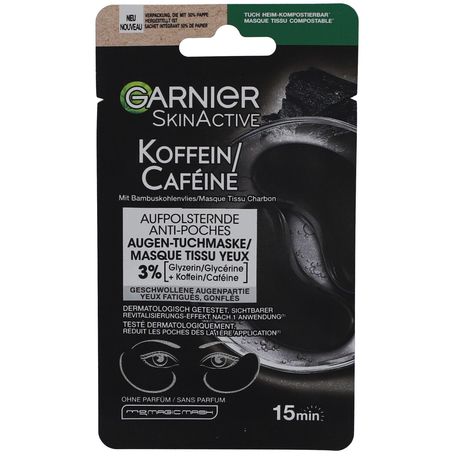 Garnier SkinActive Augen-Tuchmaske mit Koffein und Kohle. Schwarze Verpackung mit Produktinformationen und Augenmaske.