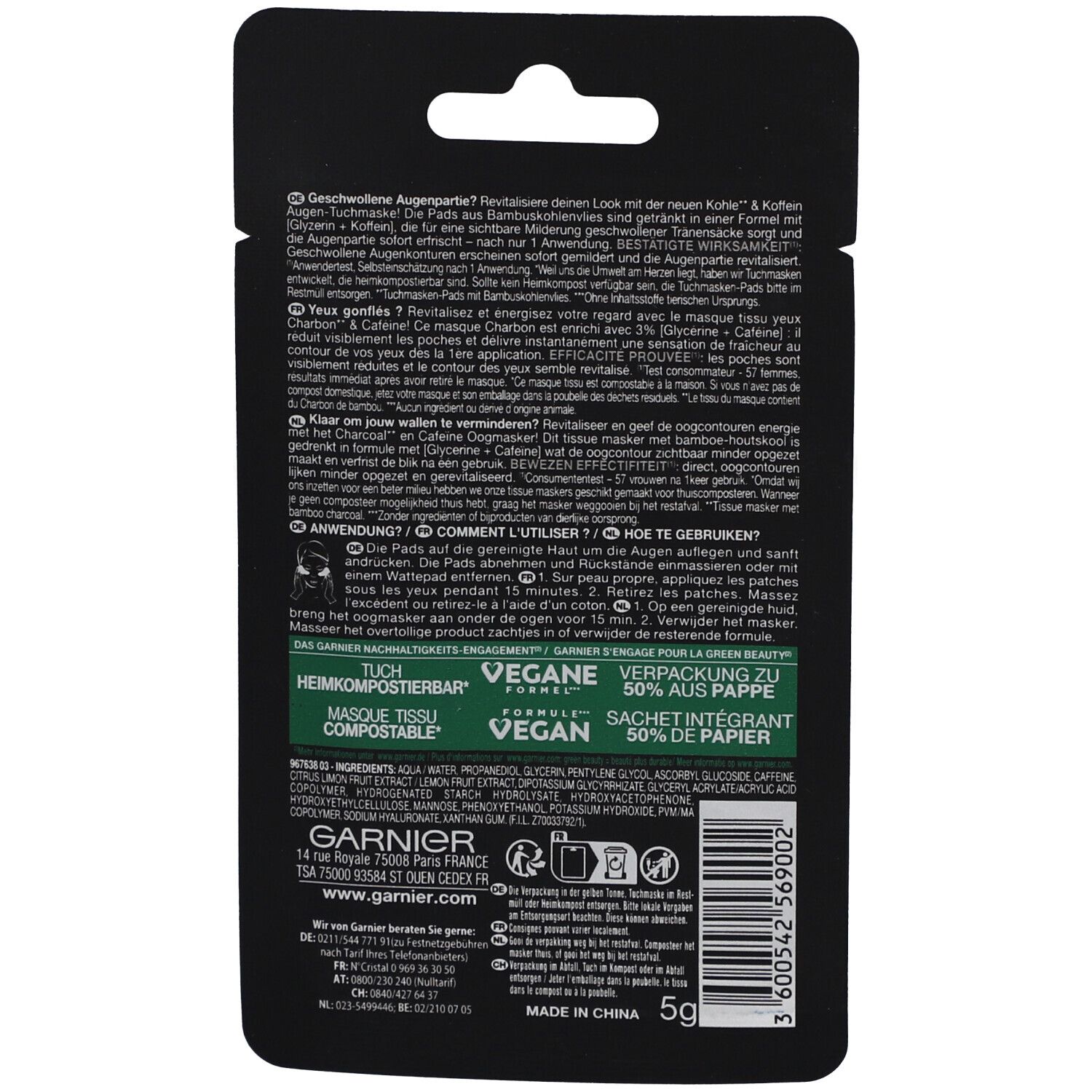 Rückseite der Garnier SkinActive Augen-Tuchmaske. Textinformationen, Inhaltsstoffe, Herstelleradresse und Nachhaltigkeitshinweise.