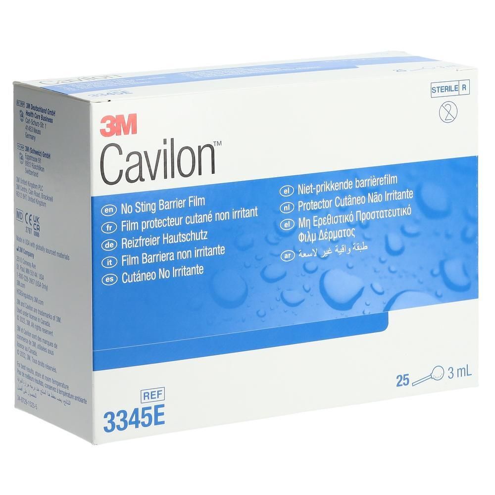 Karton 3M Cavilon Reizfreier Hautschutz App. Enthält 25 x 3 ml. Aufdrucke in mehreren Sprachen. Sterile Kennzeichnung.