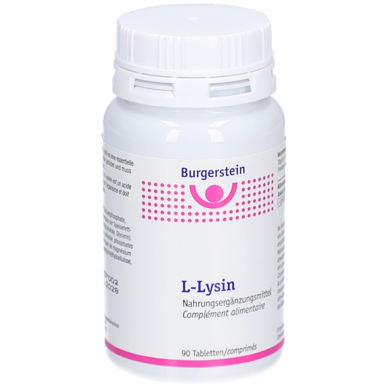 Weiße Flasche mit Schraubverschluss. Aufschrift Burgerstein, L-Lysin, Nahrungsergänzungsmittel. 90 Tabletten.