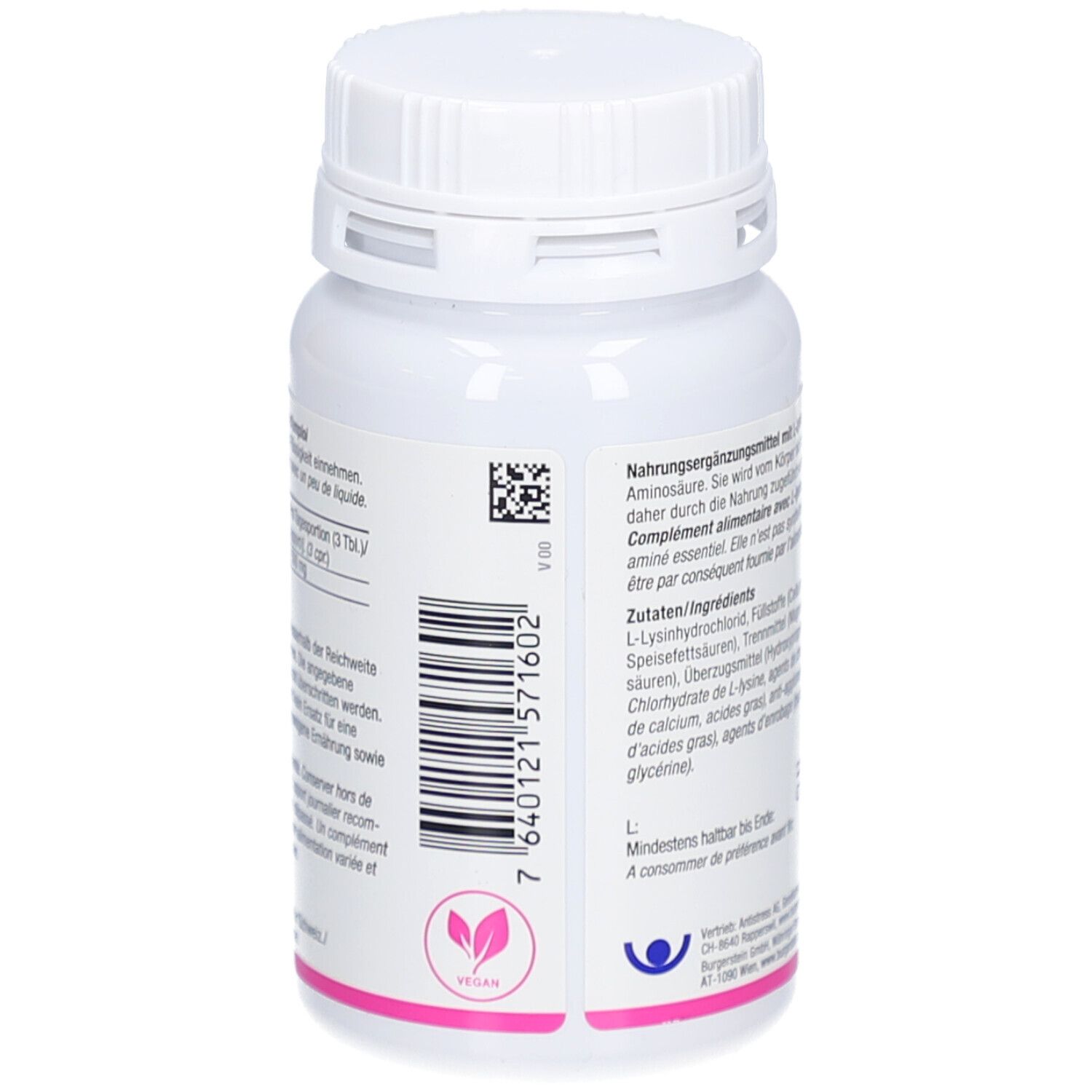 Rückseite der weißen Flasche. Barcode, Vegan-Logo. Text über Nahrungsergänzungsmittel.