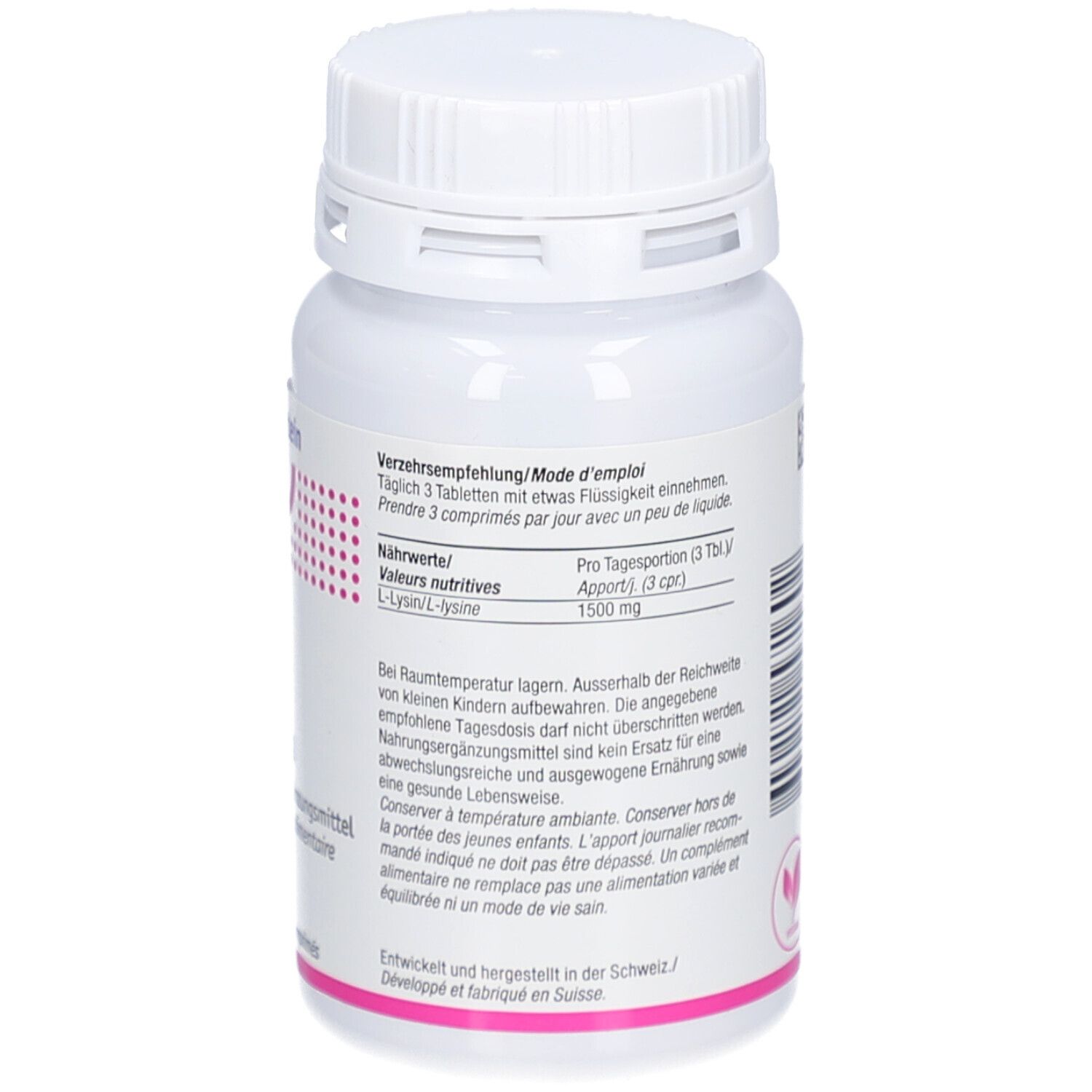 Rückseite der weißen Flasche. Dosierung: 3 Tabletten täglich. Nährwerte: L-Lysin 1500 mg.