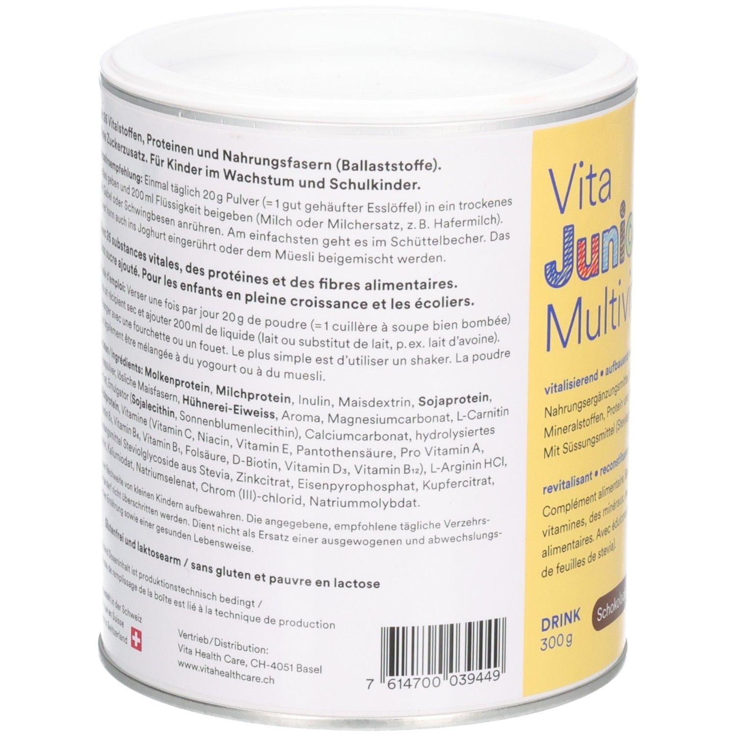 Runde Dose Vita Junior Multivit Plus. Text auf Deutsch und Französisch. Enthält Informationen zu Inhaltsstoffen und Anwendung.