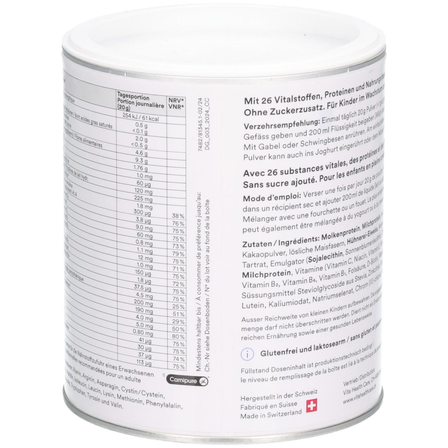 Runde Dose Vita Junior Multivit Plus. Text auf Deutsch und Französisch. Enthält Nährwertangaben und Zutaten.