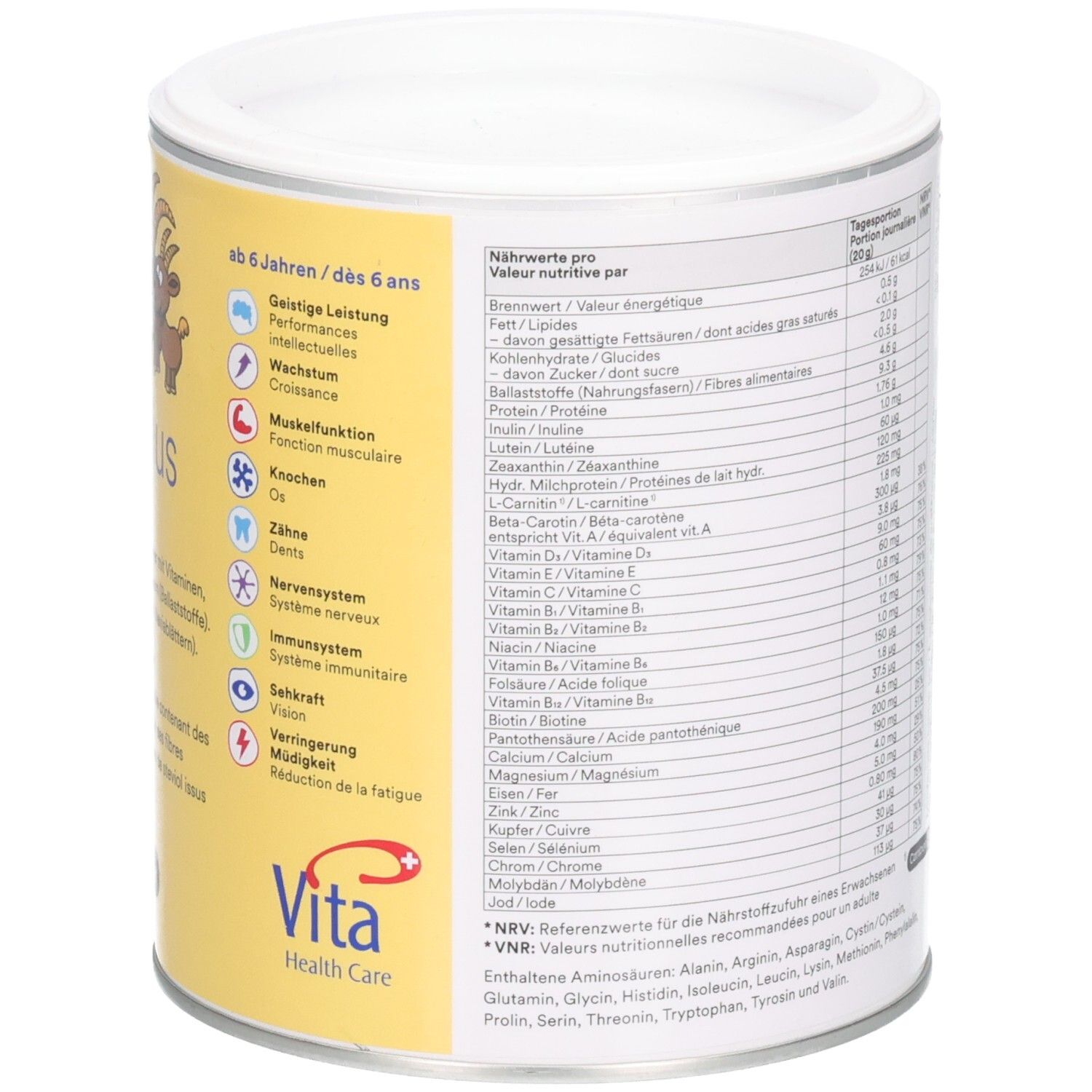 Runde Dose Vita Junior Multivit Plus. Gelber Hintergrund, Text: Nährwertangaben, Vita Health Care Logo, ab 6 Jahren.