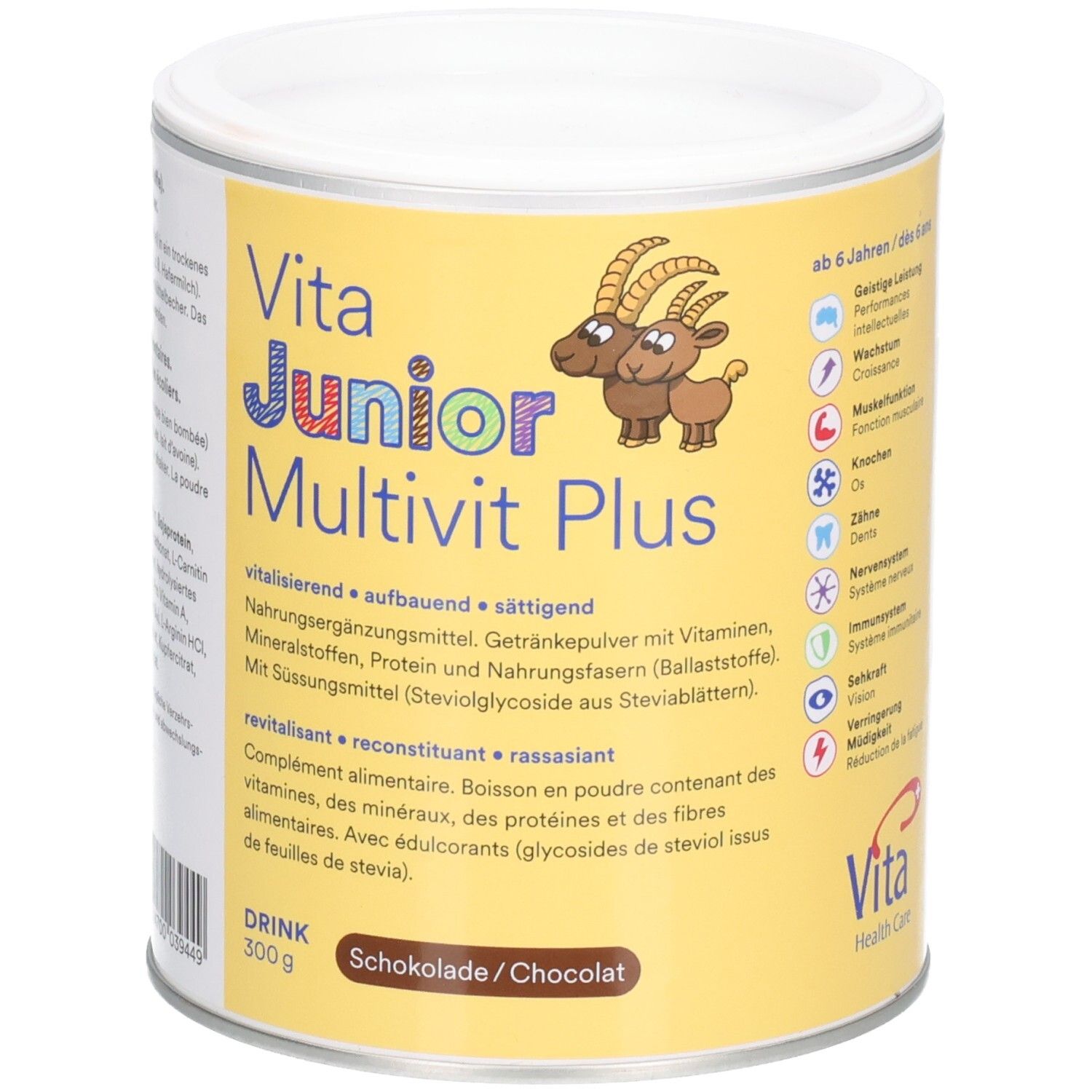 Runde Dose Vita Junior Multivit Plus. Gelber Hintergrund, Produktname, Ziegen-Illustration, Text: Drink, Schokolade/Chocolat, 300g.