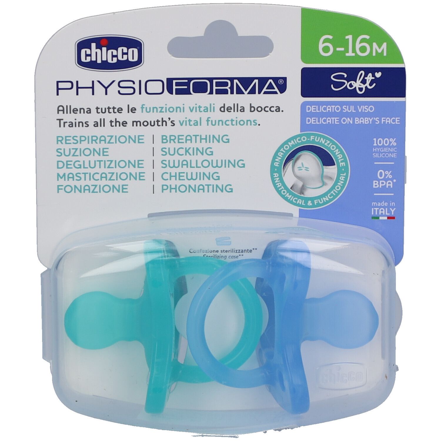 Zwei blaue und türkise Schnuller in einer transparenten Verpackung. Marke und Produktbezeichnung sind sichtbar.