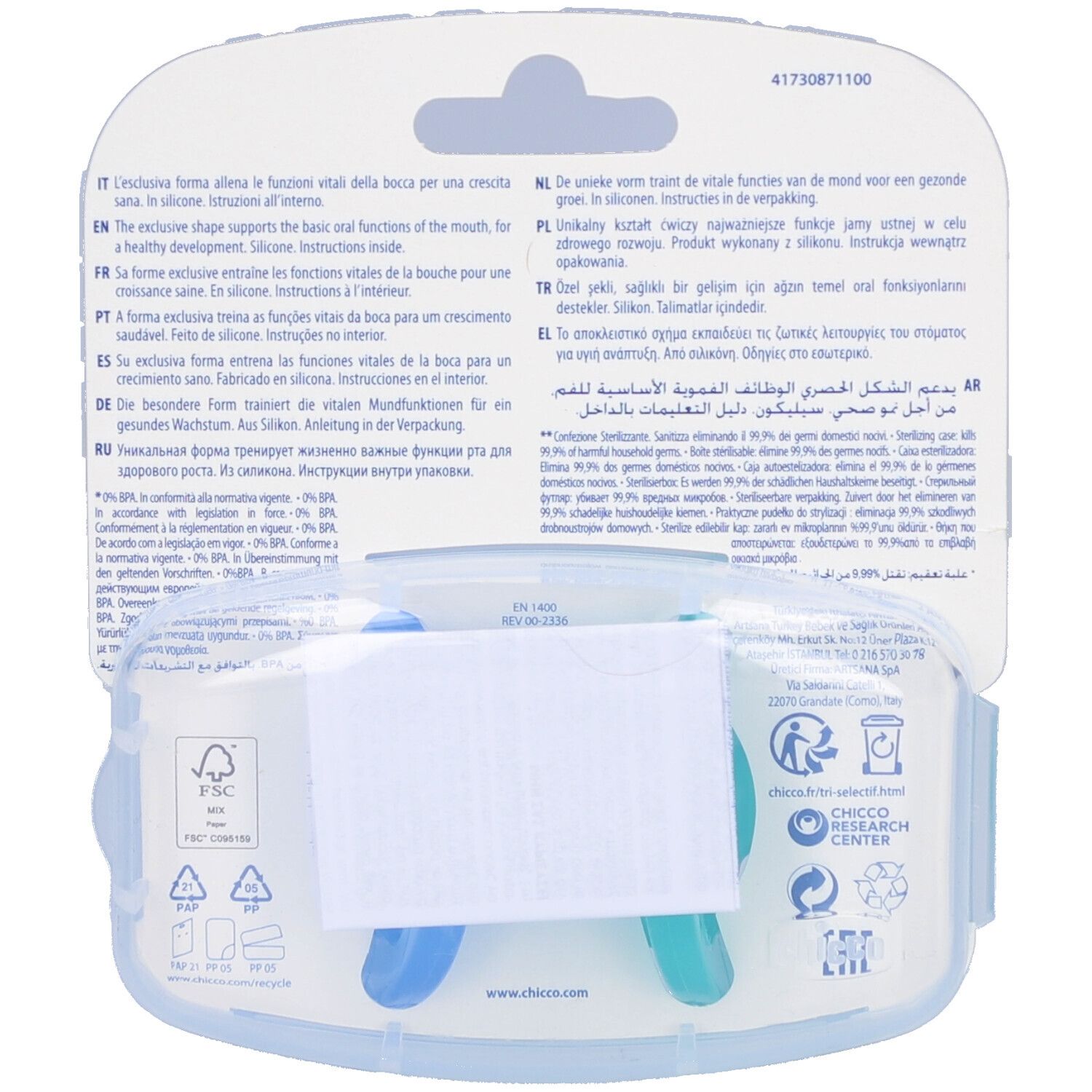 Rückseite der Verpackung mit Produktinformationen und Logos. Die Schnuller sind teilweise sichtbar.