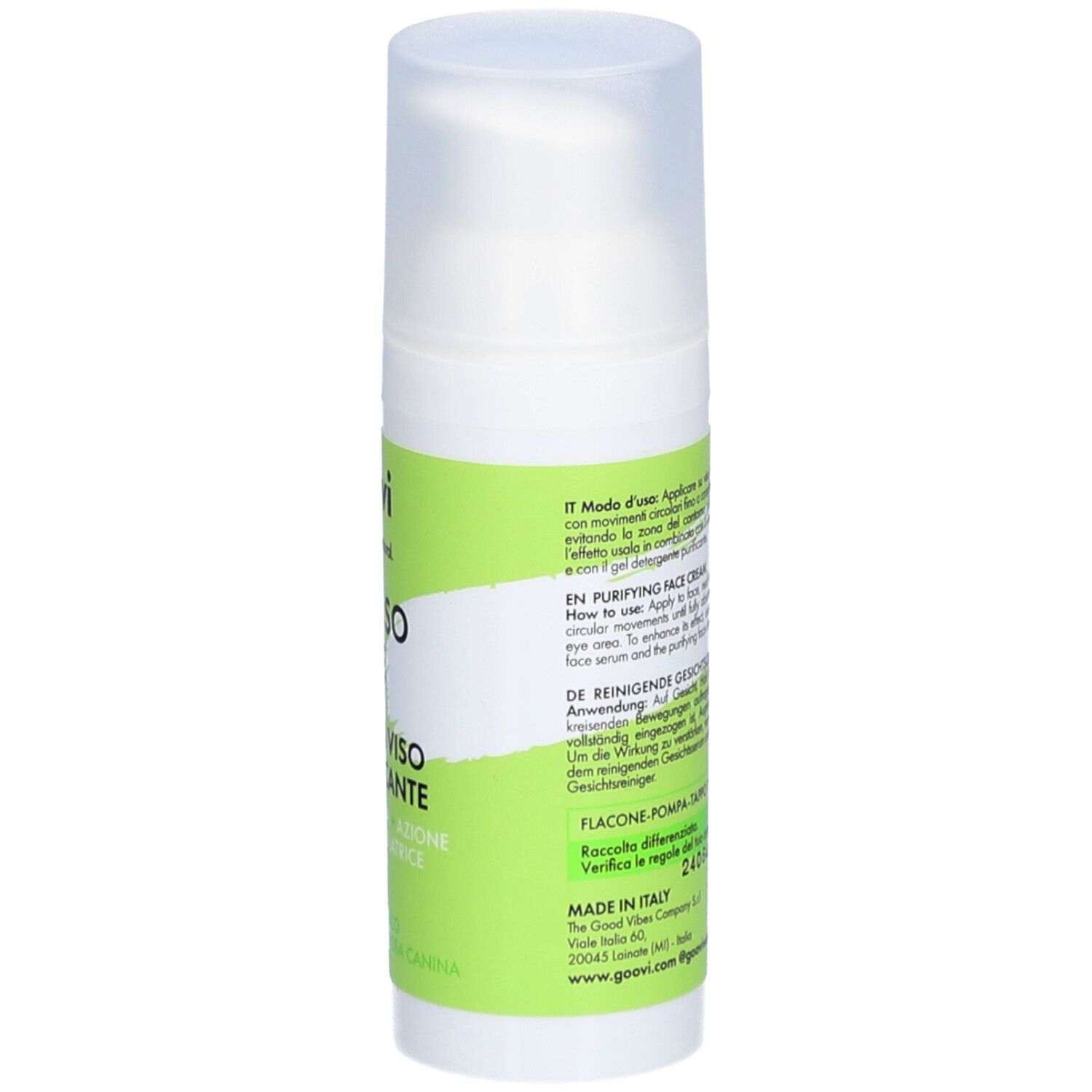 Flacon blanc avec étiquette verte. Inscription : goovi, I AM SO PURE, CREMA VISO PURIFICANTE. Avec pompe doseuse et bouchon transparent. Texte.