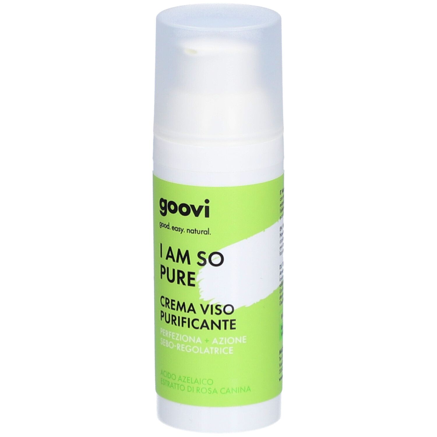Flacon blanc avec étiquette verte. Inscription : goovi, I AM SO PURE, CREMA VISO PURIFICANTE. Avec pompe doseuse et bouchon transparent.