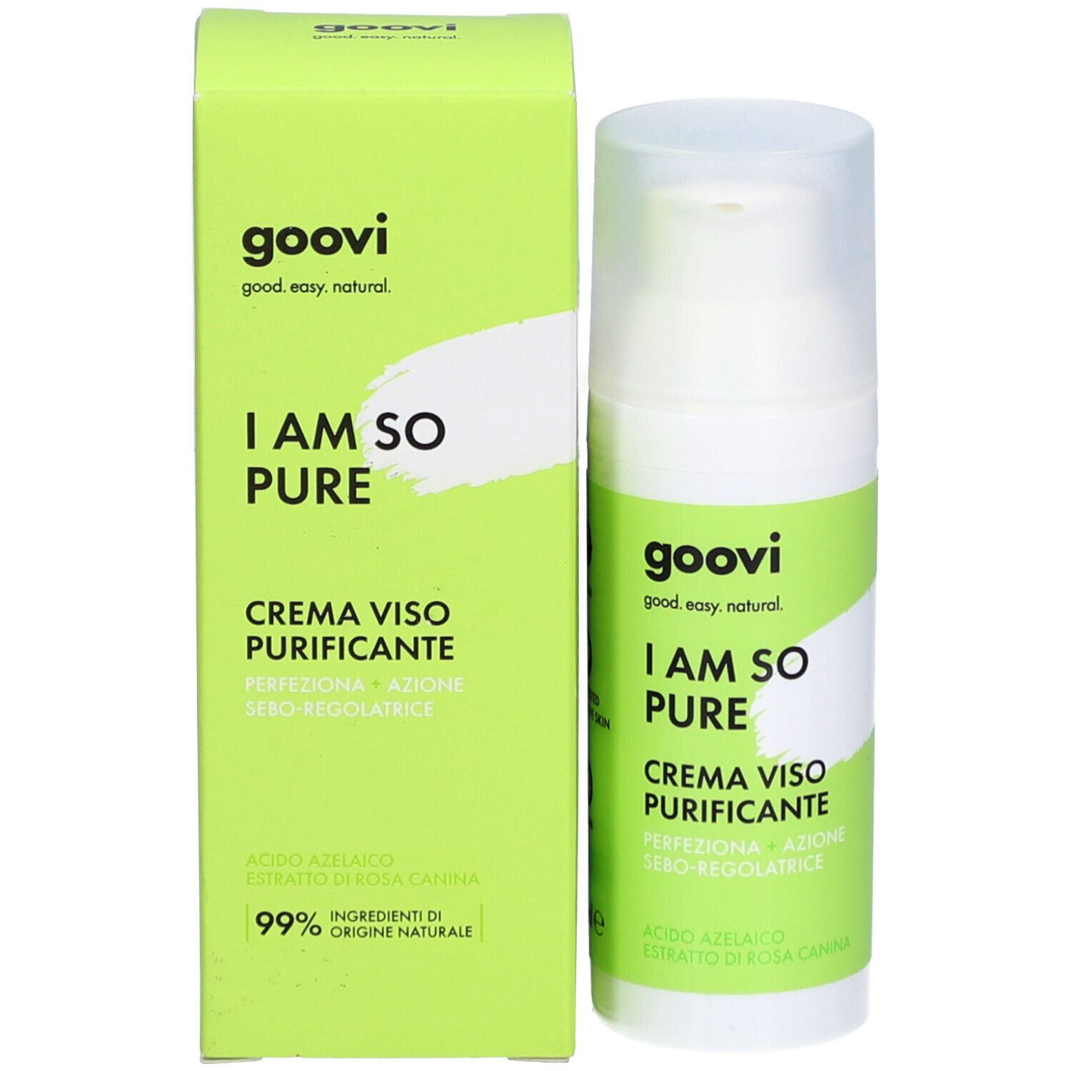 Boîte verte et flacon blanc. Inscription : goovi, I AM SO PURE, CREMA VISO PURIFICANTE. Avec pompe doseuse et bouchon transparent.