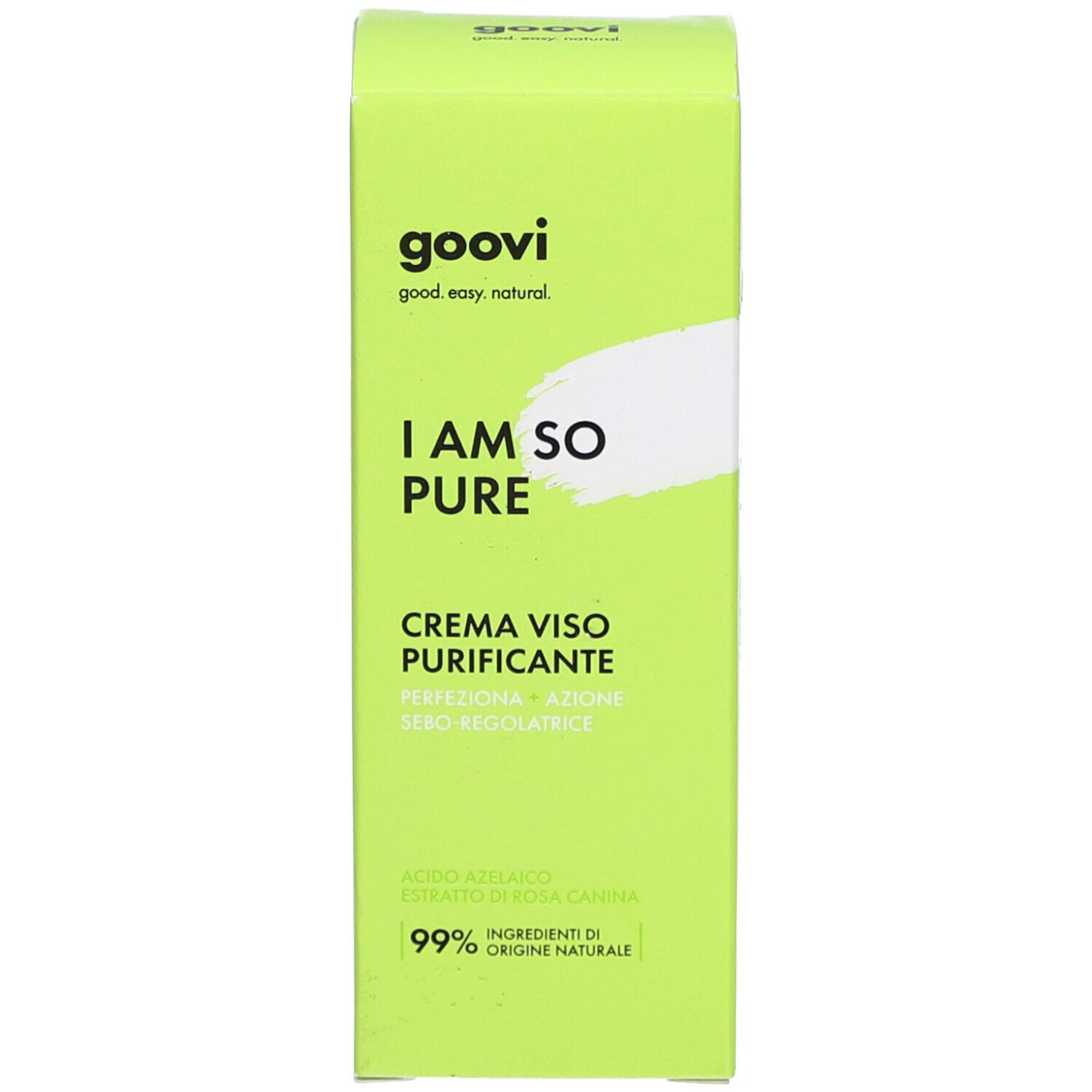 Boîte verte. Inscription : goovi, I AM SO PURE, CREMA VISO PURIFICANTE. Avec pompe doseuse et bouchon transparent. 99% ingrédients d'origine naturelle.