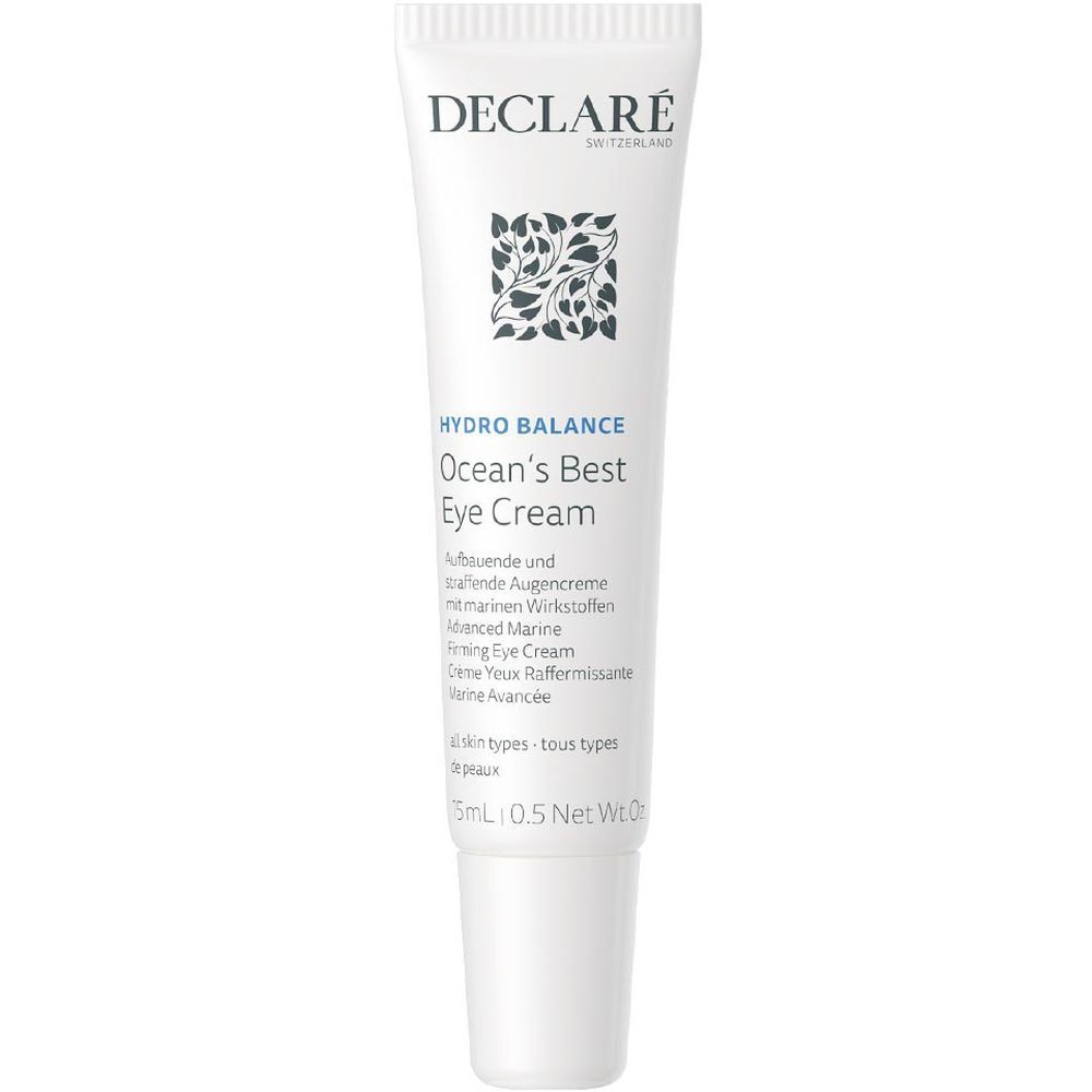 Tube blanc DECLARÉ. Texte: Hydro Balance Ocean's Best Eye Cream. Contenance 15ml. Inscription en anglais et allemand.