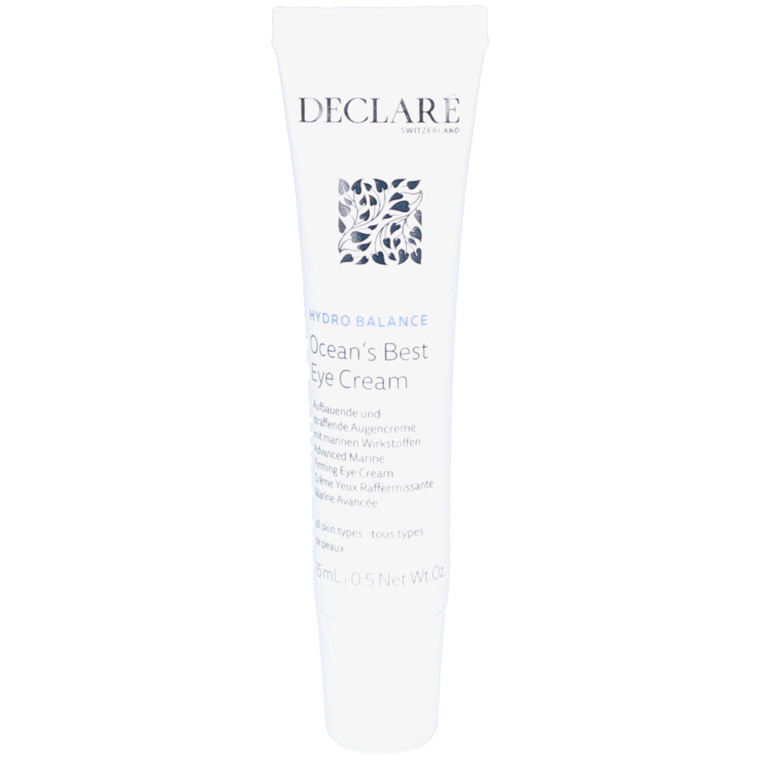 Tube blanc DECLARÉ. Texte: Hydro Balance Ocean's Best Eye Cream. Contenance 15ml. Inscription en anglais et allemand.