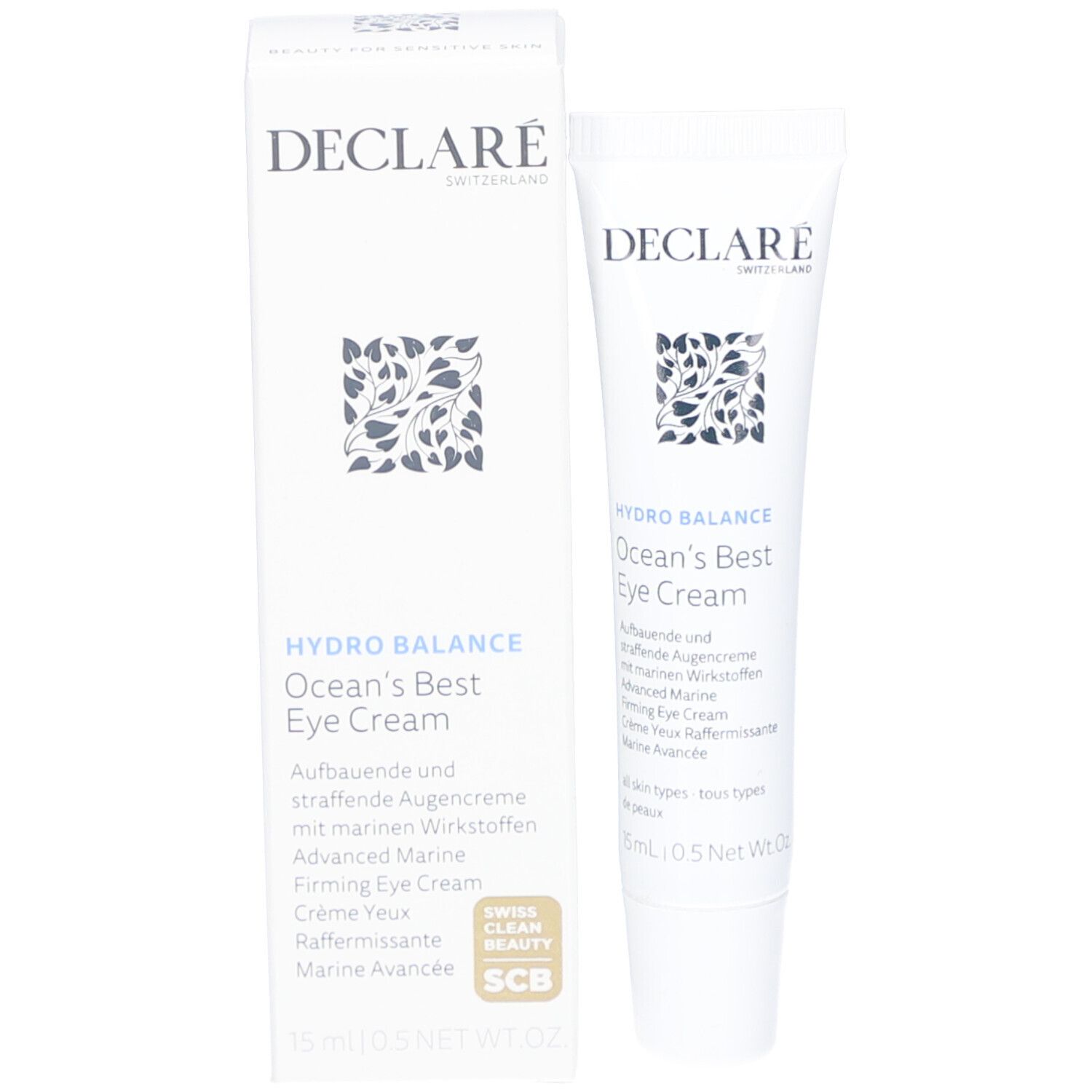 Produit avec emballage. Tube et boîte blancs. Logo DECLARÉ et nom du produit. 15ml.