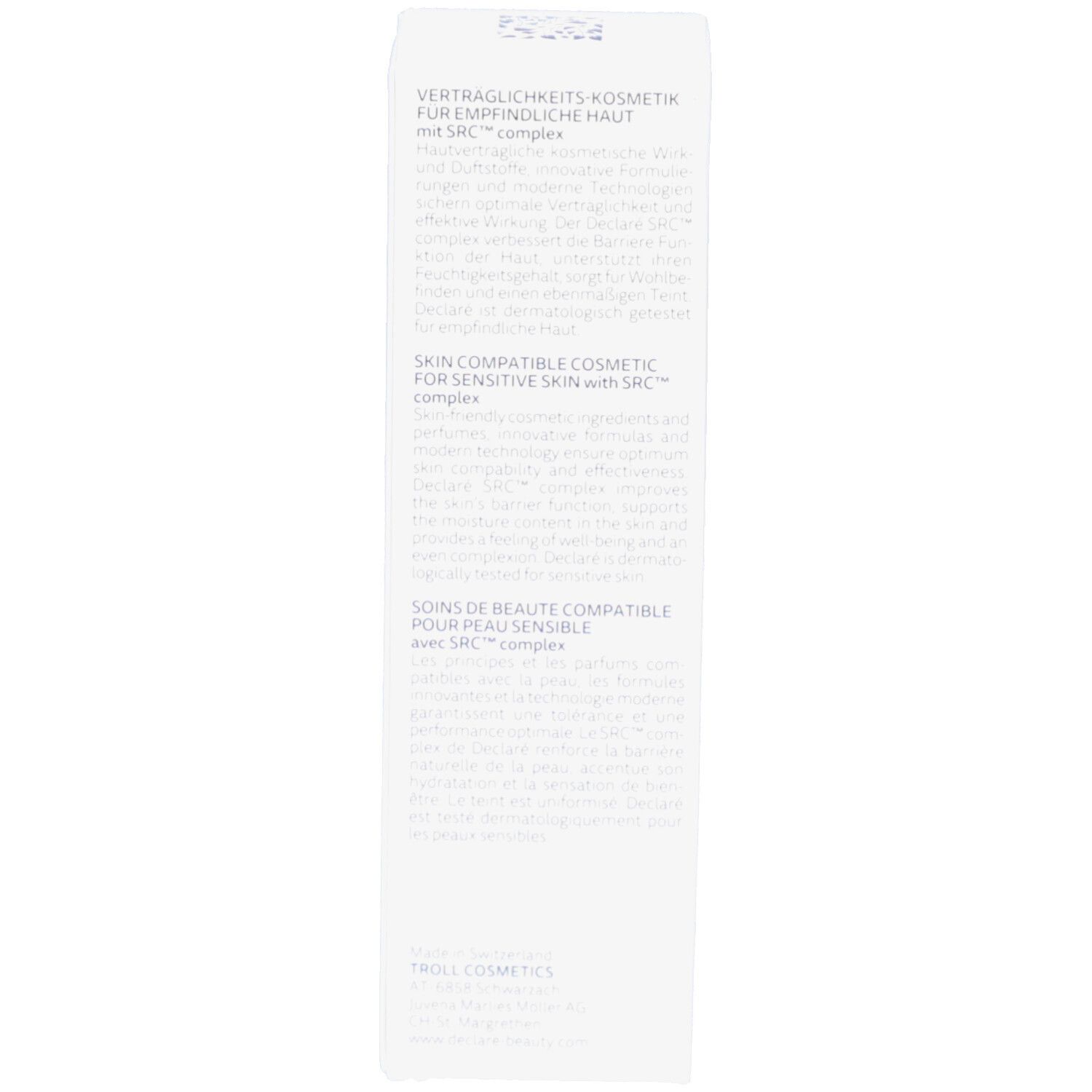 Côté de la boîte. Texte multilingue. Informations produit.