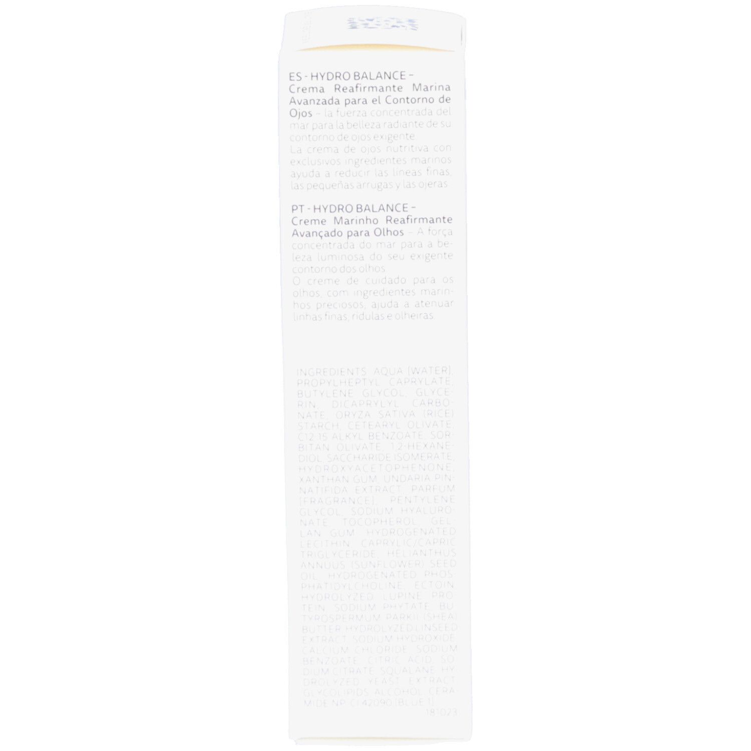 Côté de la boîte. Texte multilingue. Informations produit.