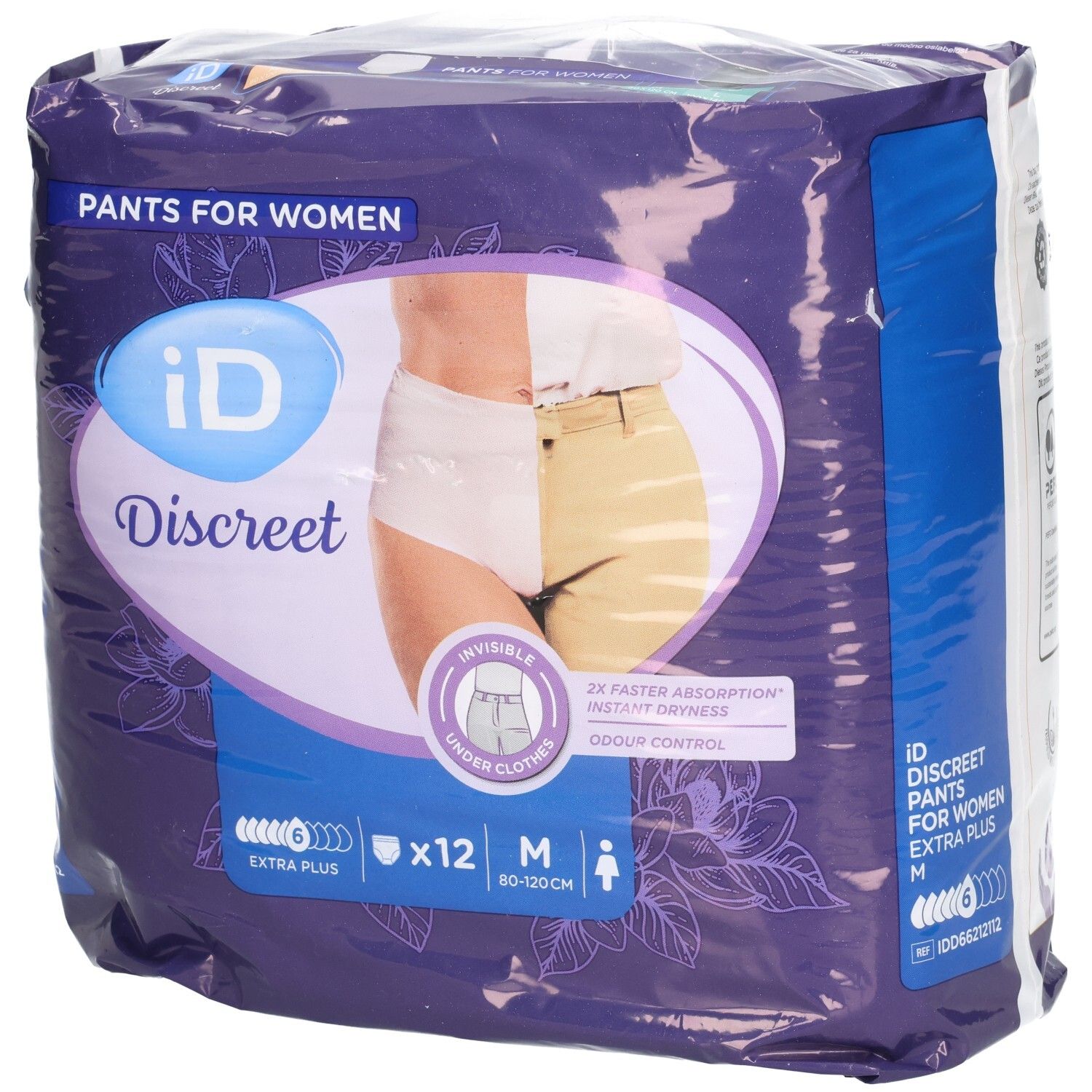 Verpackung ID Discreet Pants M Extra Plus. 12 Stück. Sichtbar: Logo, Produktname, Größe M, Saugstärke.