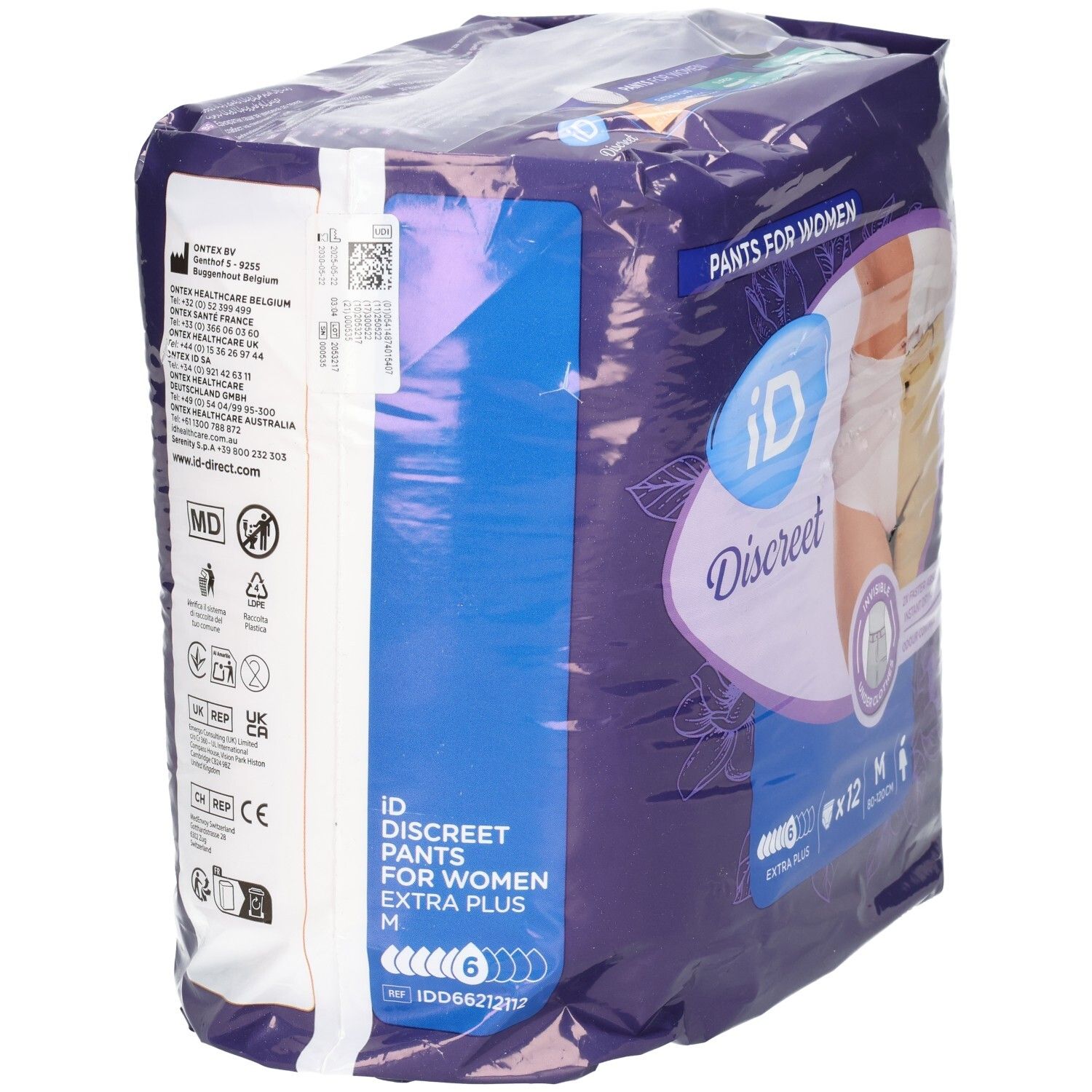 Verpackung ID Discreet Pants. Seite mit Produktinformationen, Logo, Größe M, 6 Stück. Verpackung aus Kunststoff.