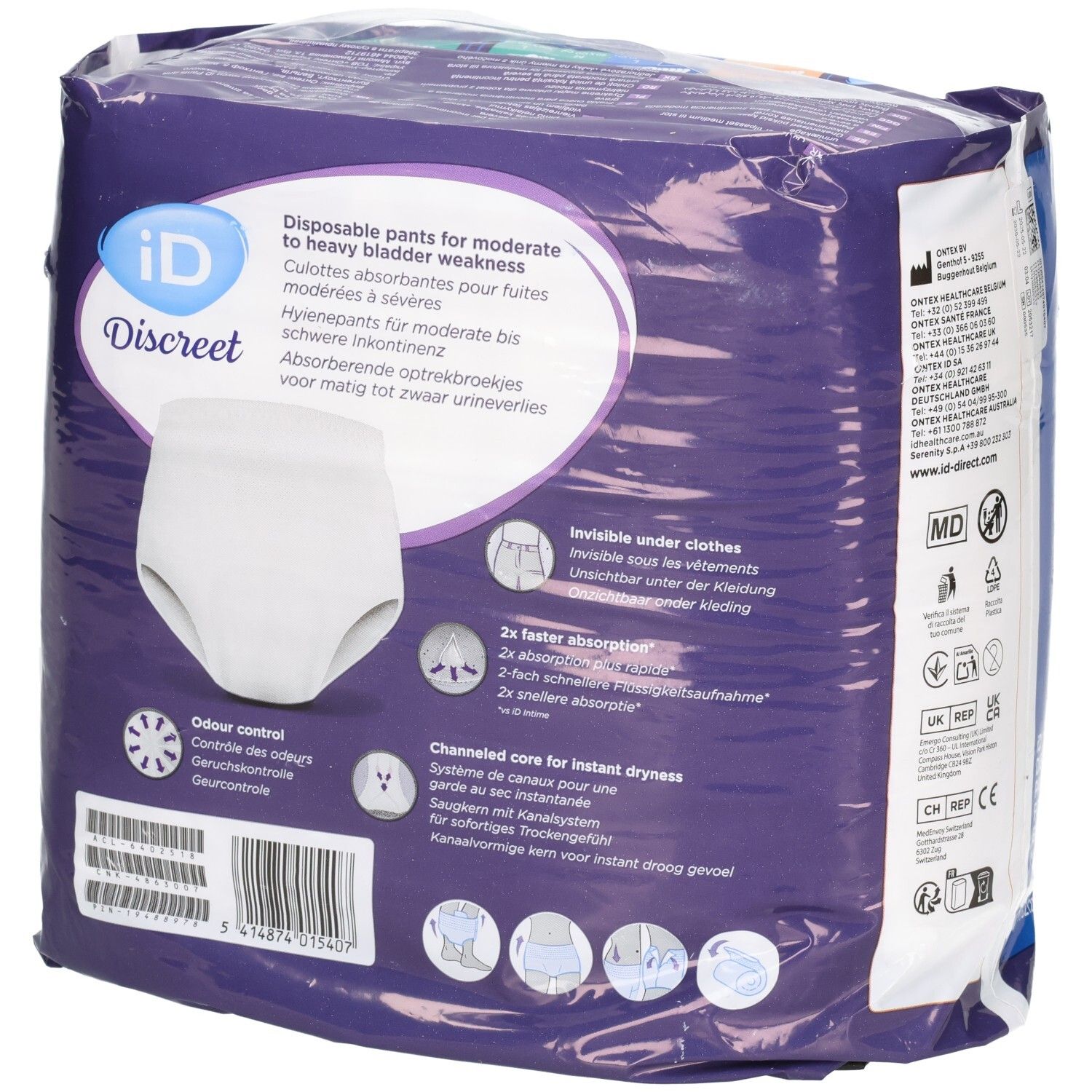 Rückseite der ID Discreet Pants Verpackung. Produktname, Logo, Beschreibung, Saugfähigkeit, Größe M, 6 Stück.