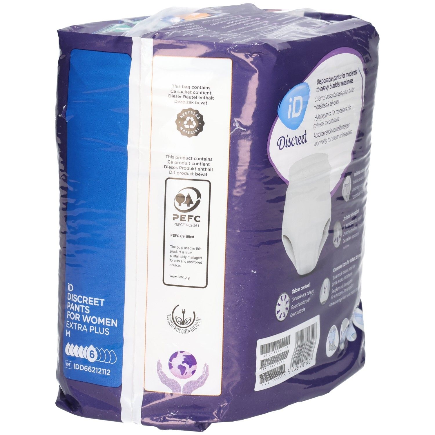 Seite der ID Discreet Pants Verpackung. Logo, Produktname, Größe M, 6 Stück. PEFC-Zertifizierung.