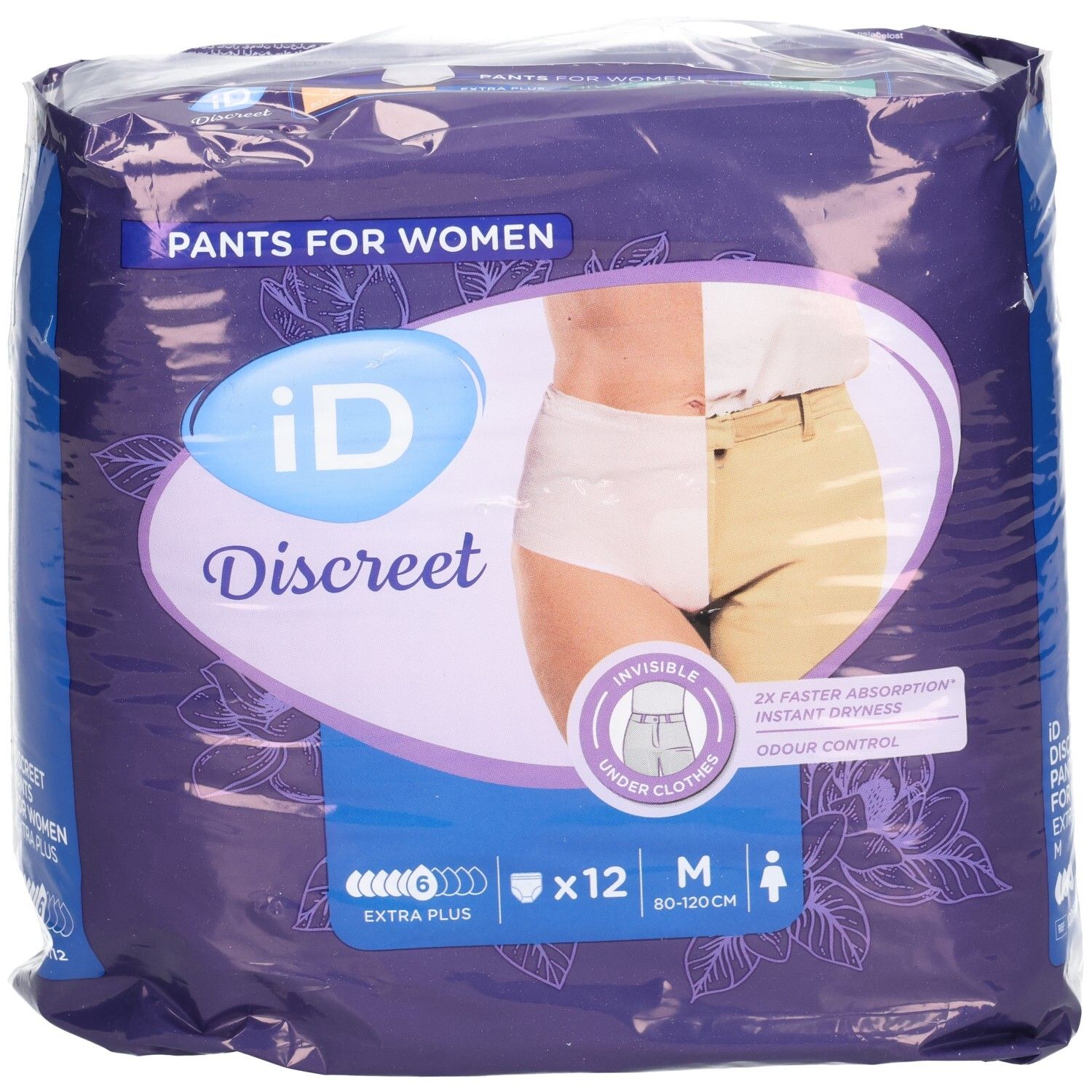 Verpackung ID Discreet Pants M Extra Plus. 12 Stück. Sichtbar: Logo, Produktname, Größe M, Saugstärke.