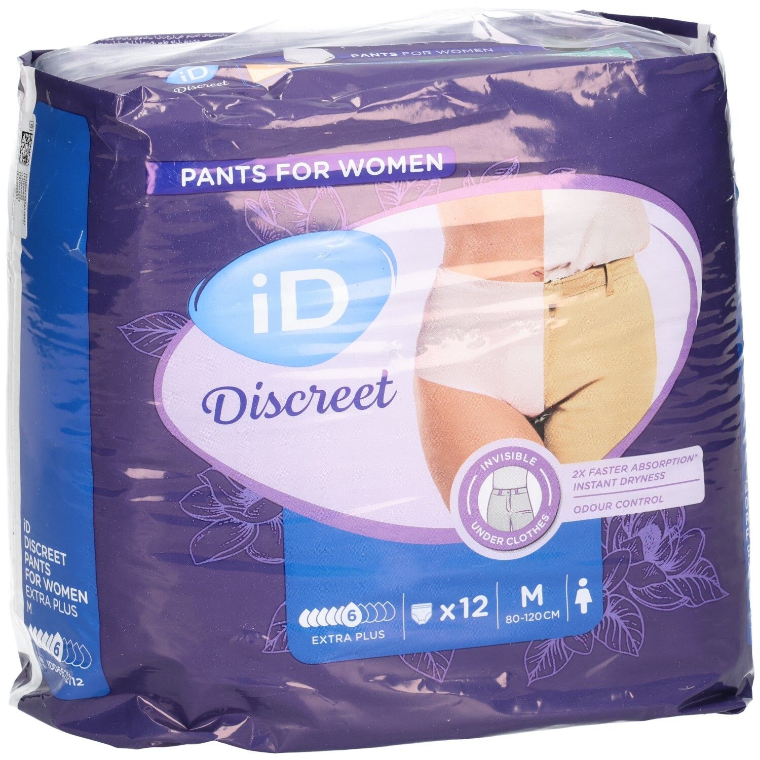 Verpackung ID Discreet Pants M Extra Plus. 12 Stück. Sichtbar: Logo, Produktname, Größe M, Saugstärke.