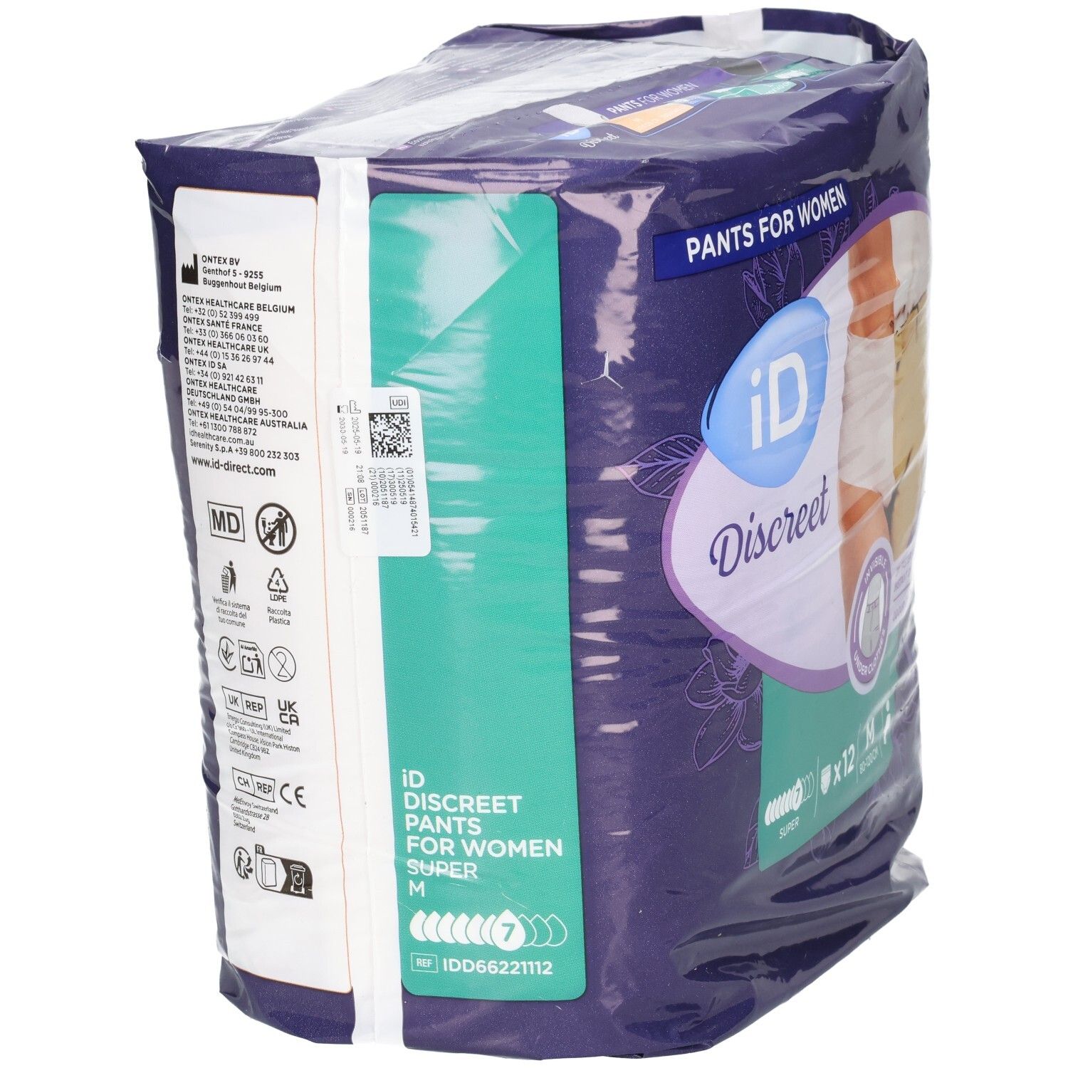Verpackung von ID Discreet Pants M Super Btl 12 Stk. Seitenansicht. Aufdruck: ID Discreet, Pants for Women, M, 12 Stück.