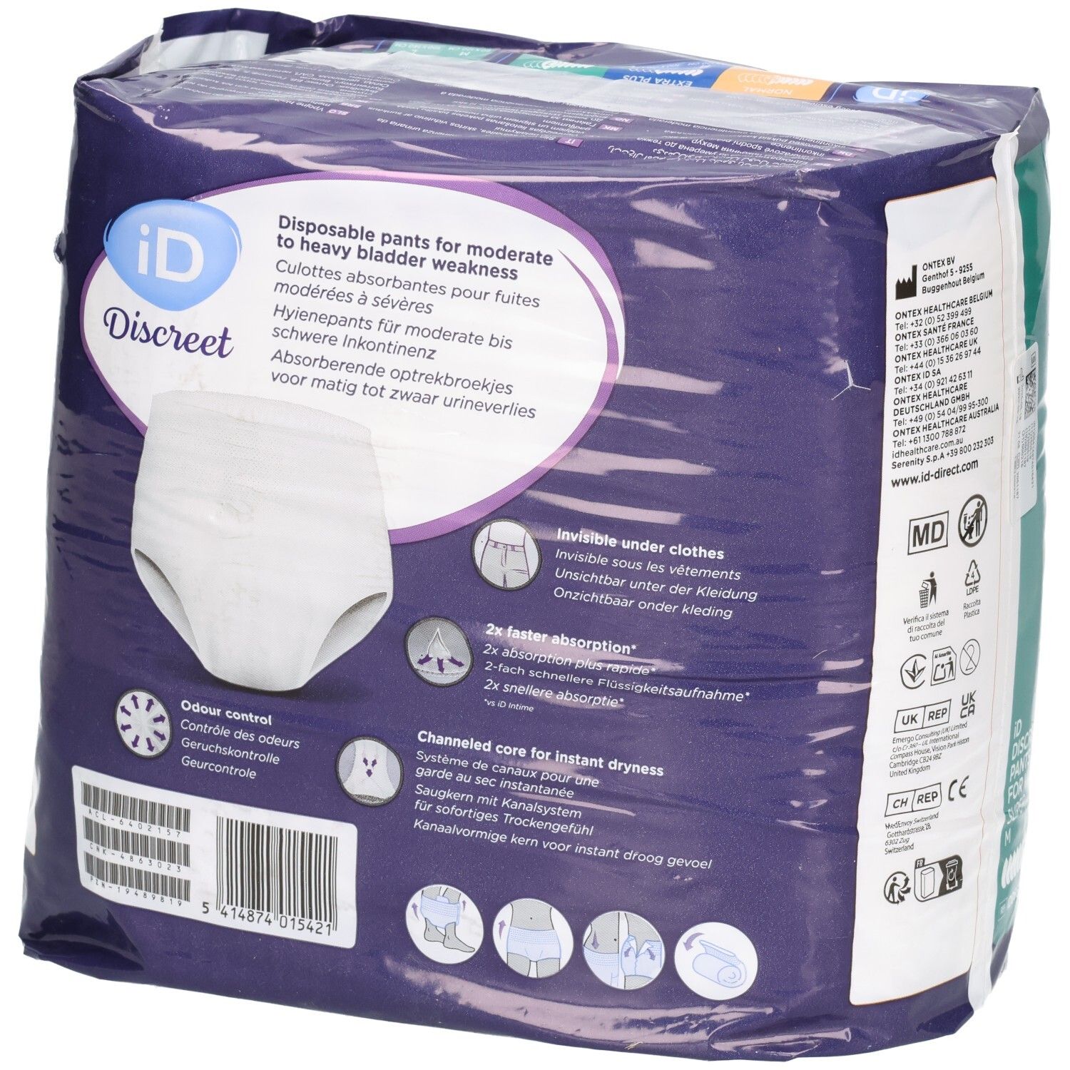 Rückseite der Verpackung von ID Discreet Pants M Super Btl 12 Stk. Aufdruck: ID Discreet, Pants for Women, M, 12 Stück.