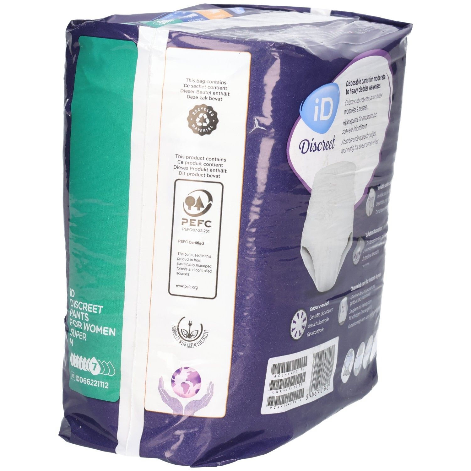Verpackung von ID Discreet Pants M Super Btl 12 Stk. Aufdruck: ID Discreet, Pants for Women, M, 12 Stück. PEFC-Zertifizierung.