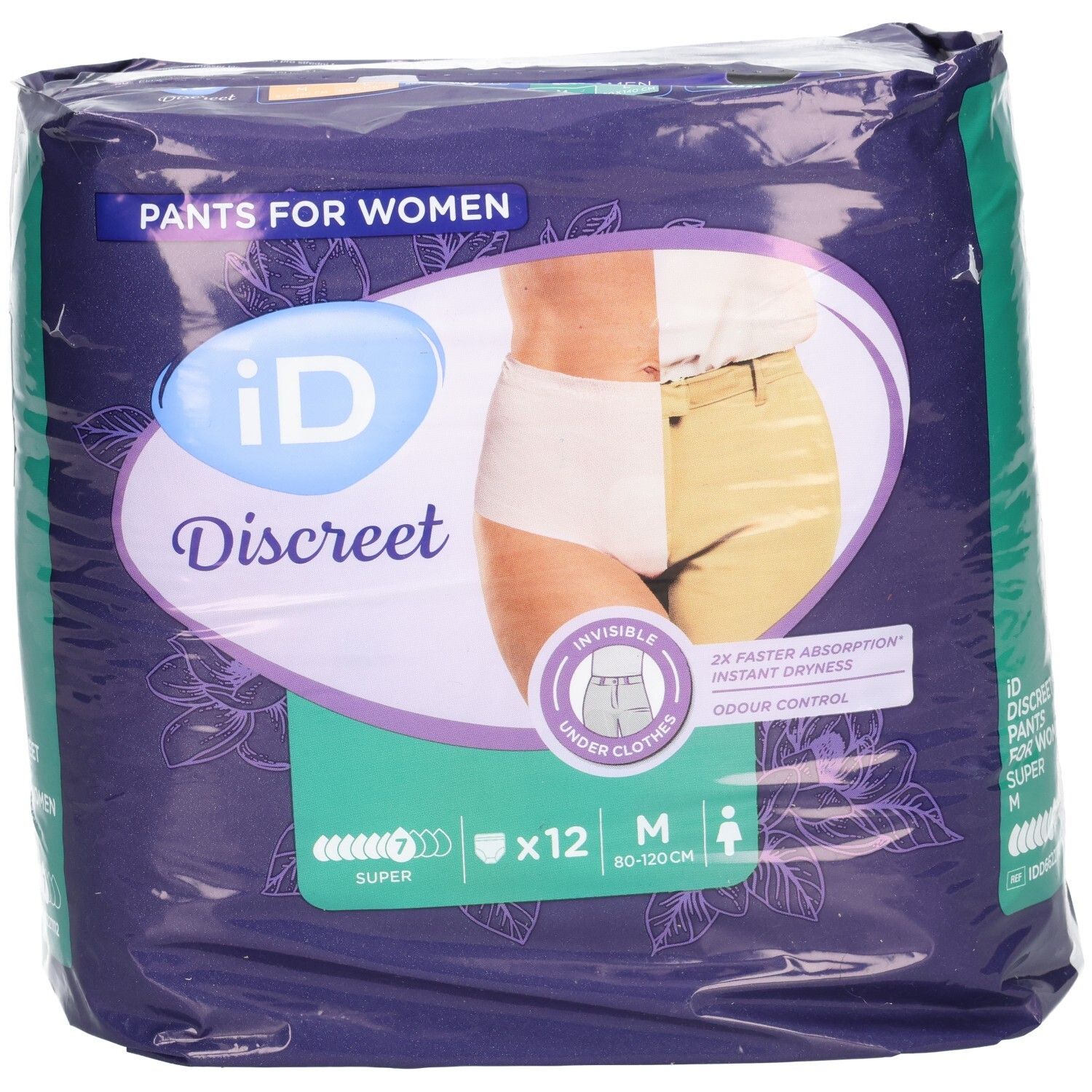 Verpackung von ID Discreet Pants M Super Btl 12 Stk. Aufdruck: ID Discreet, Pants for Women, M, 12 Stück. Größe M, 80-120cm.
