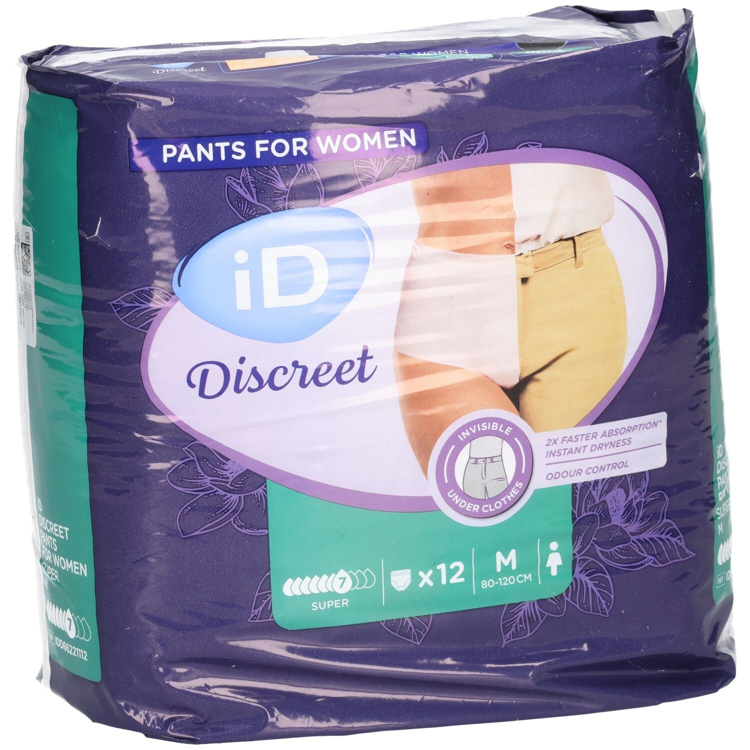 Verpackung von ID Discreet Pants M Super Btl 12 Stk. Aufdruck: ID Discreet, Pants for Women, M, 12 Stück. Größe M, 80-120cm.