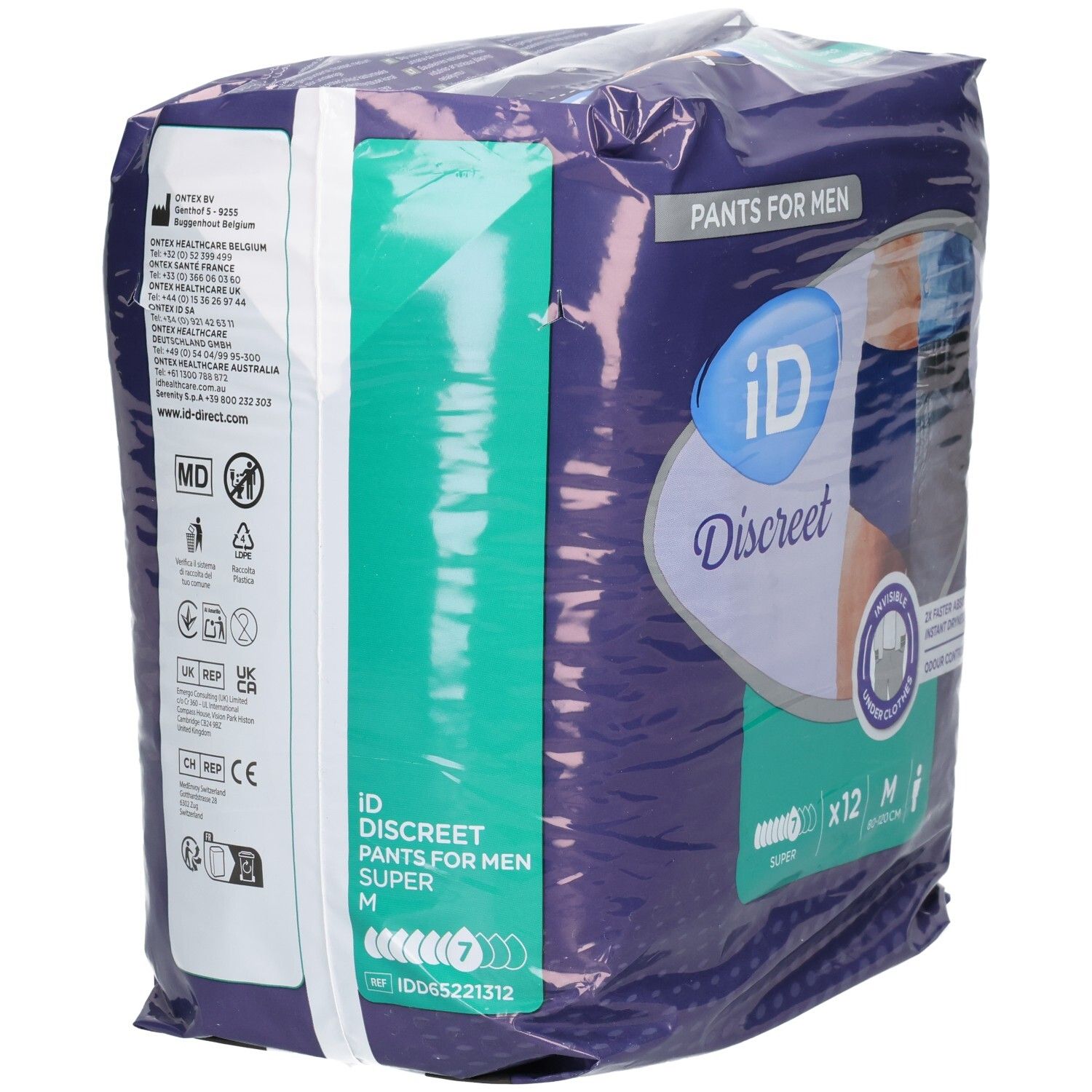 Verpackung ID Discreet Pants M Men Super Btl. 12 Stück. Seitenansicht. Sichtbar: Logo, Produktname, Größe M, Saugstärke Super.