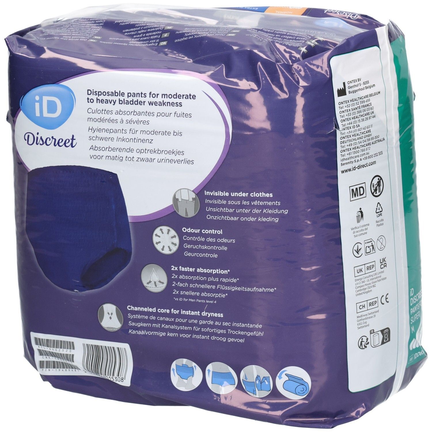 Rückseite der Verpackung ID Discreet Pants M Men. Text in Deutsch, Französisch, Italienisch, Niederländisch. Produktmerkmale.