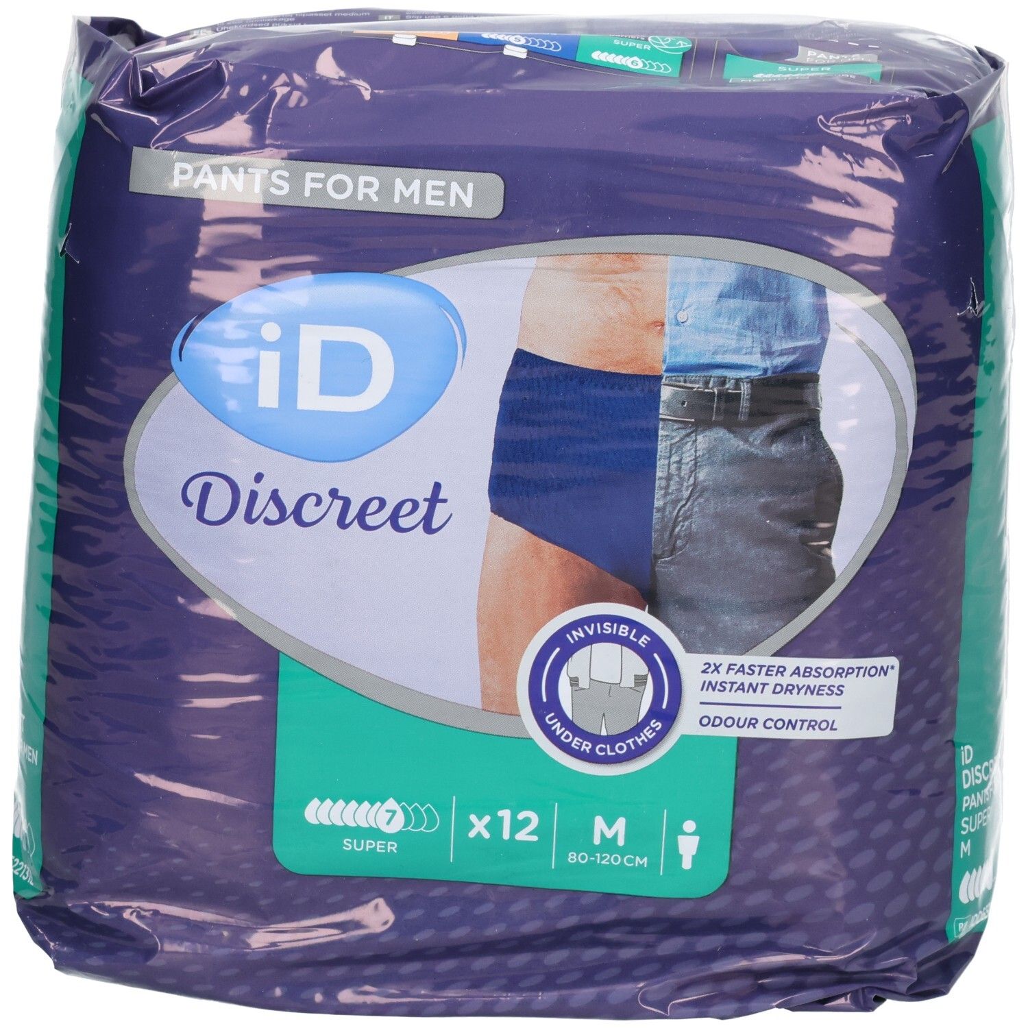 Verpackung ID Discreet Pants M Men Super Btl. 12 Stück. Sichtbar: Logo, Produktname, Größe M, Saugstärke Super.