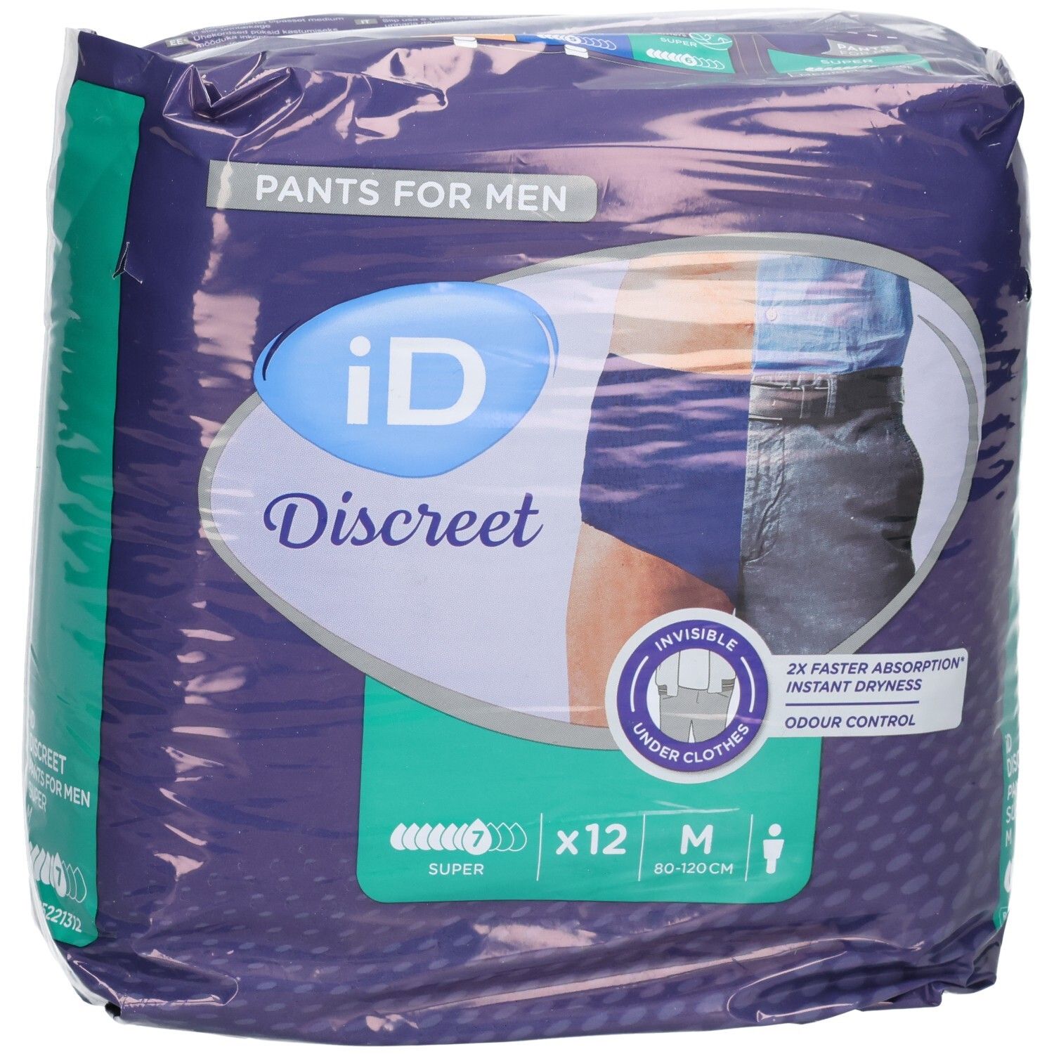 Verpackung ID Discreet Pants M Men Super Btl. 12 Stück. Sichtbar: Logo, Produktname, Größe M, Saugstärke Super.