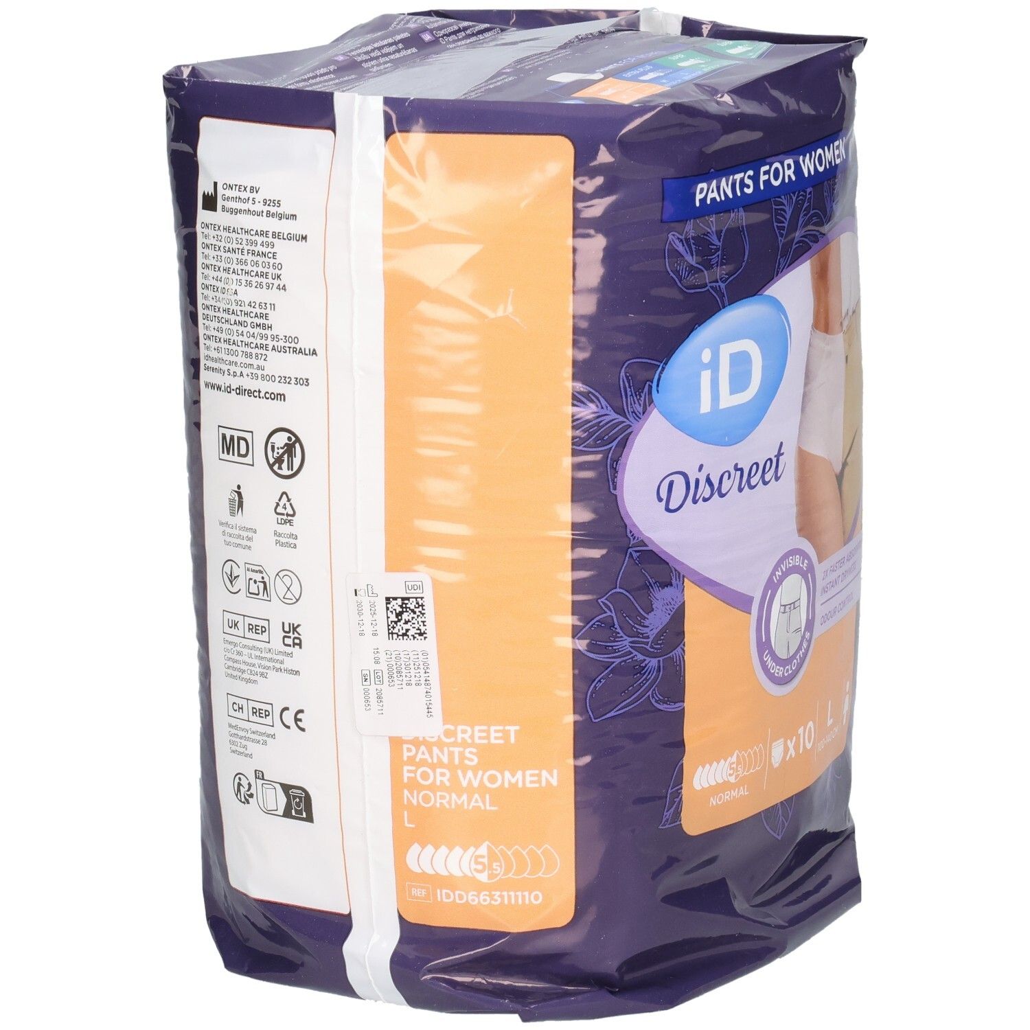Seitenansicht der Verpackung von ID Discreet Pants L. Enthält Informationen zu Hersteller, Zertifizierungen und Produktangaben.