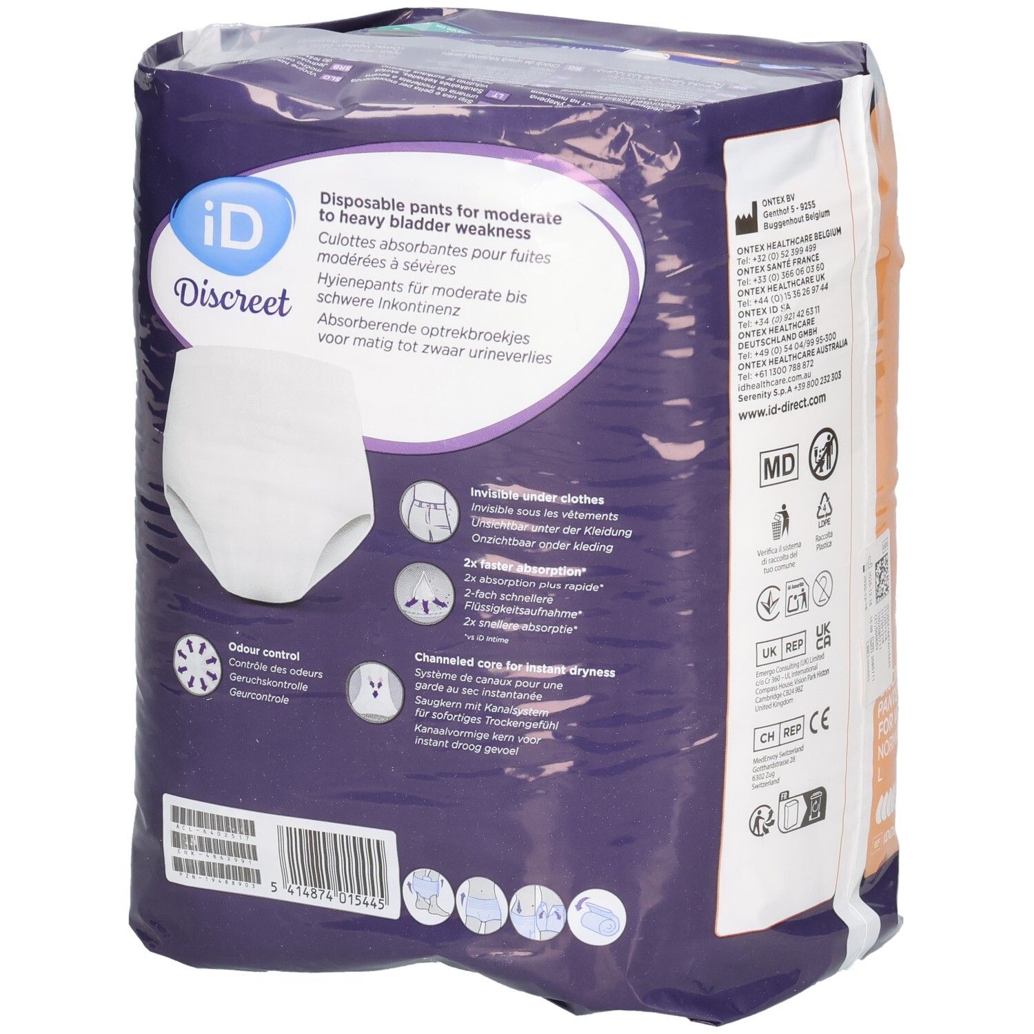 Rückseite der Verpackung von ID Discreet Pants. Produktabbildung. Text zu Absorption, Geruchskontrolle und weiteren Eigenschaften.