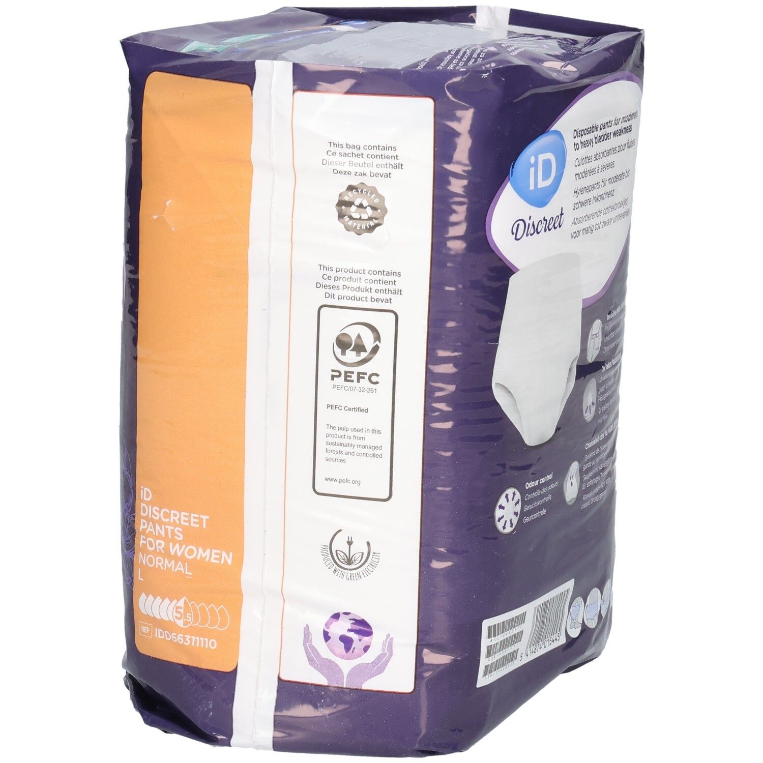 Seitenansicht der Verpackung von ID Discreet Pants L. Mit Zertifizierungen und Produktinformationen. PEFC-Zertifizierung sichtbar.
