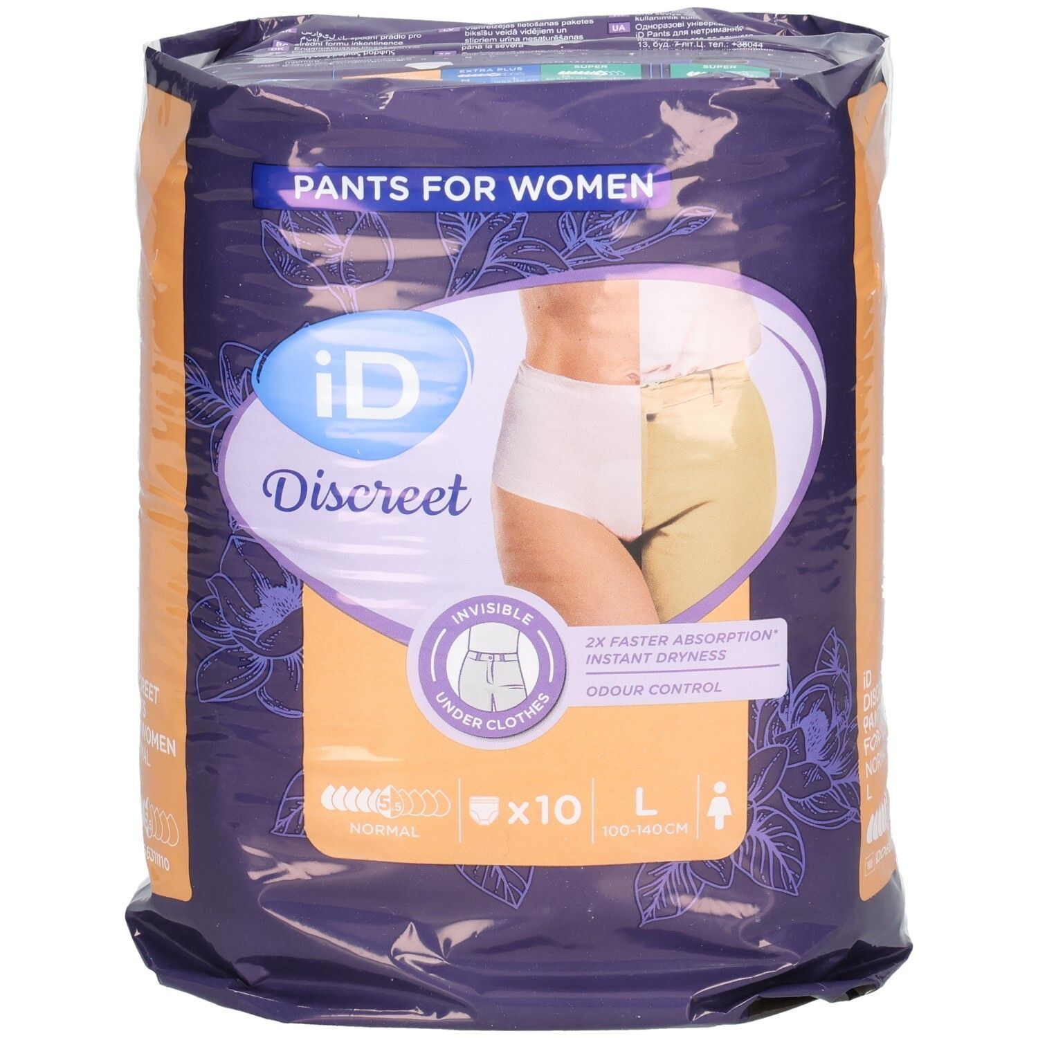Verpackung von ID Discreet Pants L. Zeigt eine Frau in Unterwäsche. Enthält 10 Stück. Mit Aufdrucken zu Absorption und Geruchskontrolle.