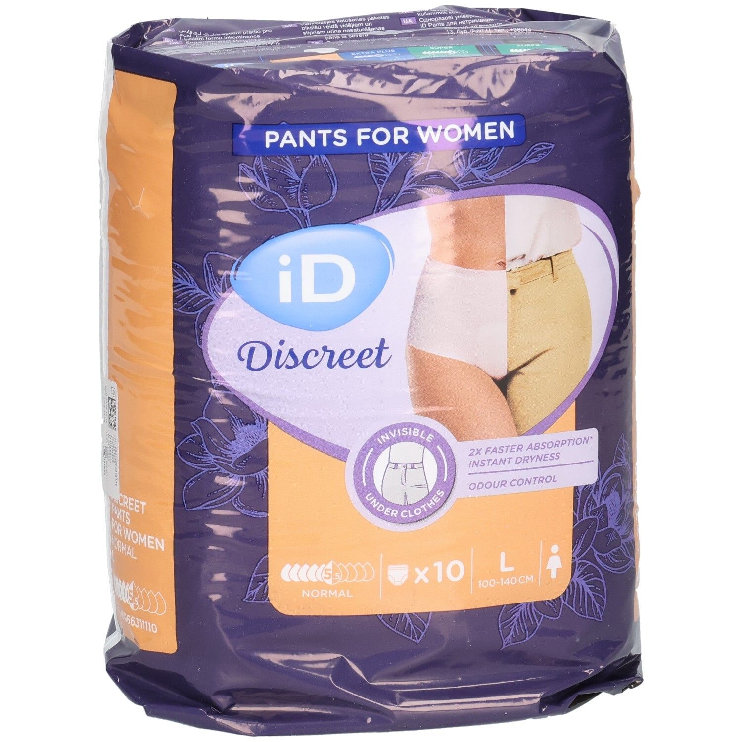 Verpackung von ID Discreet Pants L. Zeigt eine Frau in Unterwäsche. Enthält 10 Stück. Mit Aufdrucken zu Absorption und Geruchskontrolle.