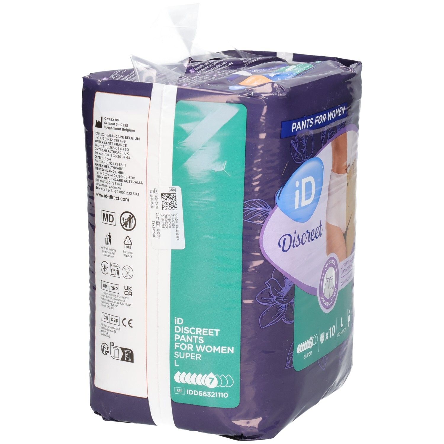 Verpackung von ID Discreet Pants für Frauen. Größe L, Super. Rückseite mit Produktinformationen und Logo.